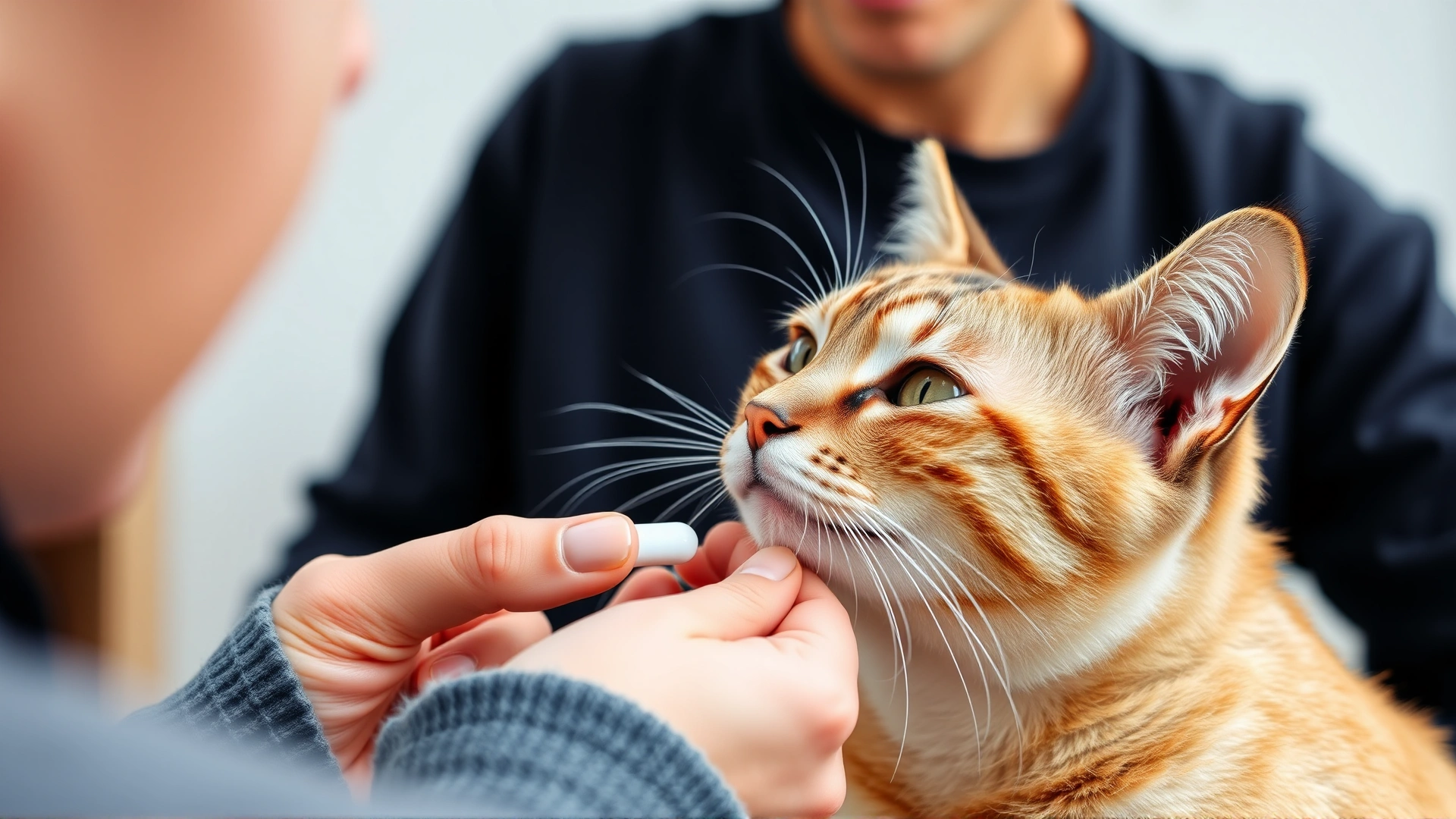 Cat owner gently giving an oral pill to their cat at home, demonstrating medication administration in a calm setting