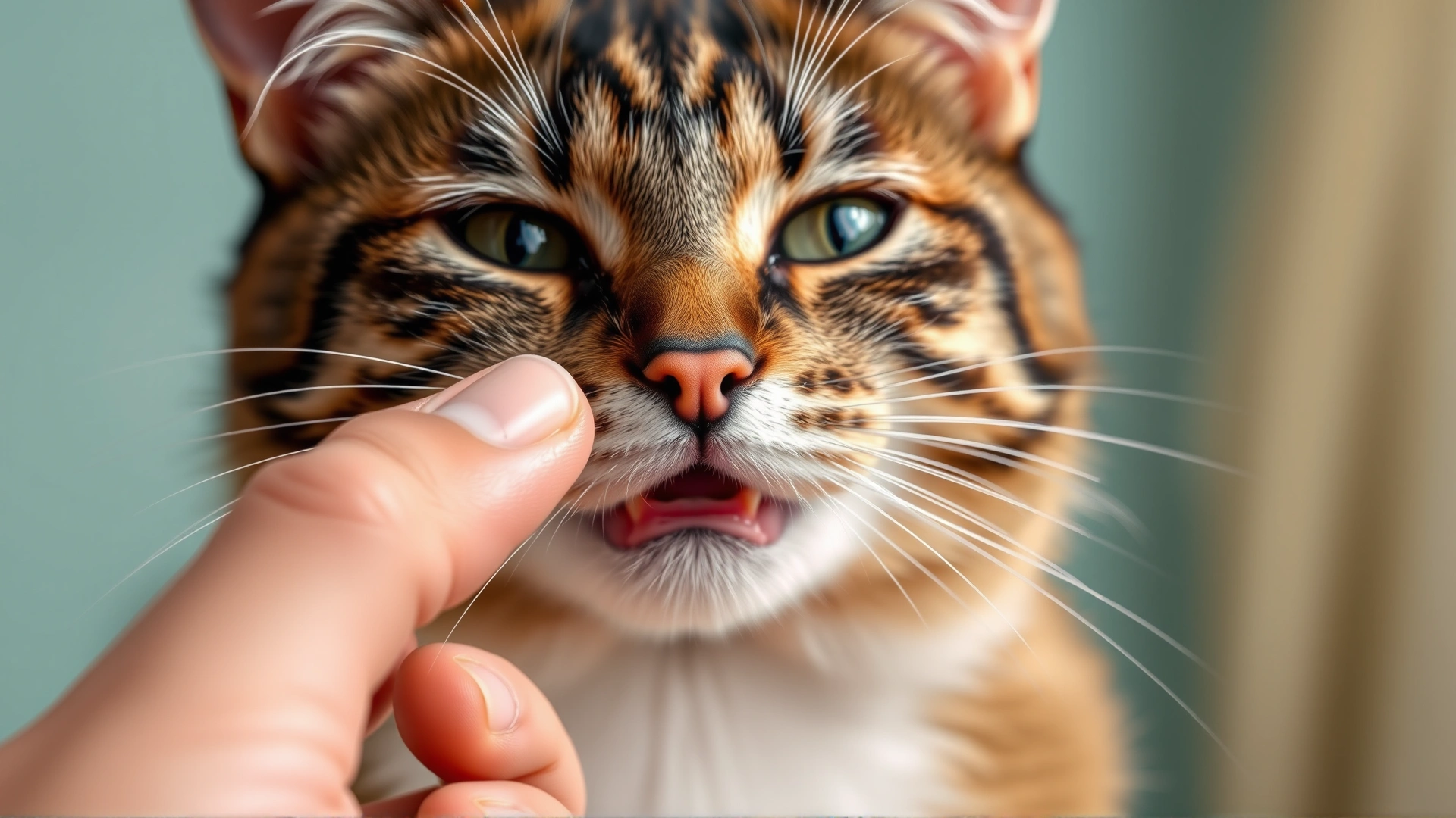 Close-up of a hand giving an oral pill to a cooperative cat, demonstrating medication administration