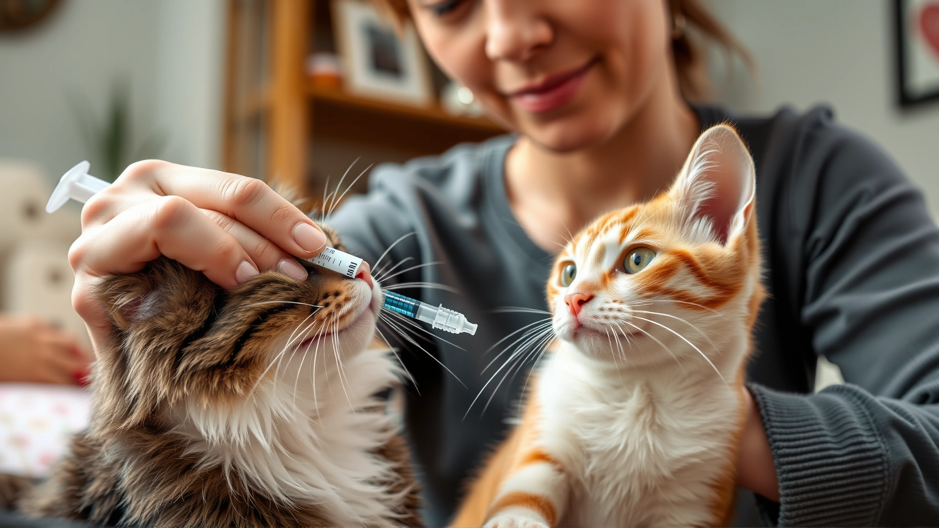 Pet owner administering liquid medicine to a cooperative cat using a plastic oral syringe at home, cozy background, no text
