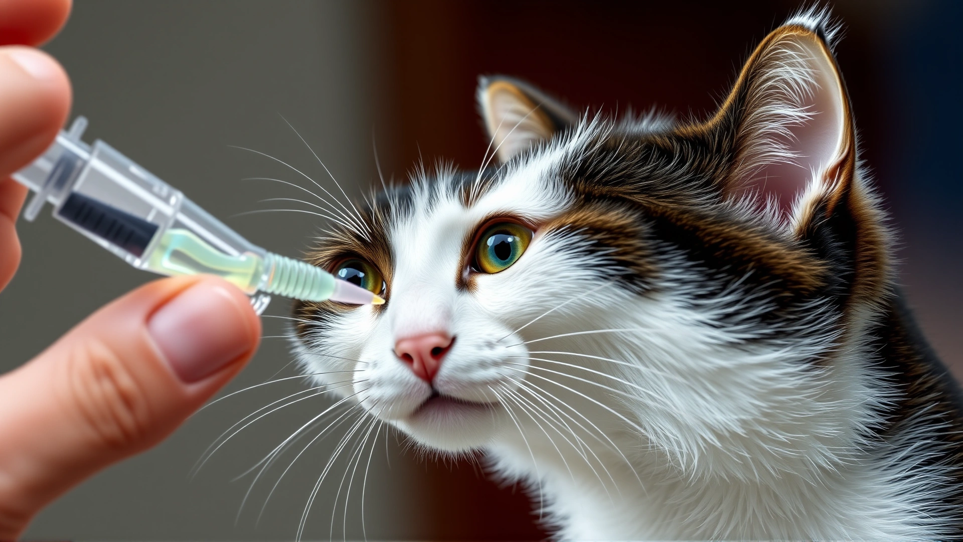 Human hand giving liquid medication with a syringe dispenser to a cooperative black-and-white cat