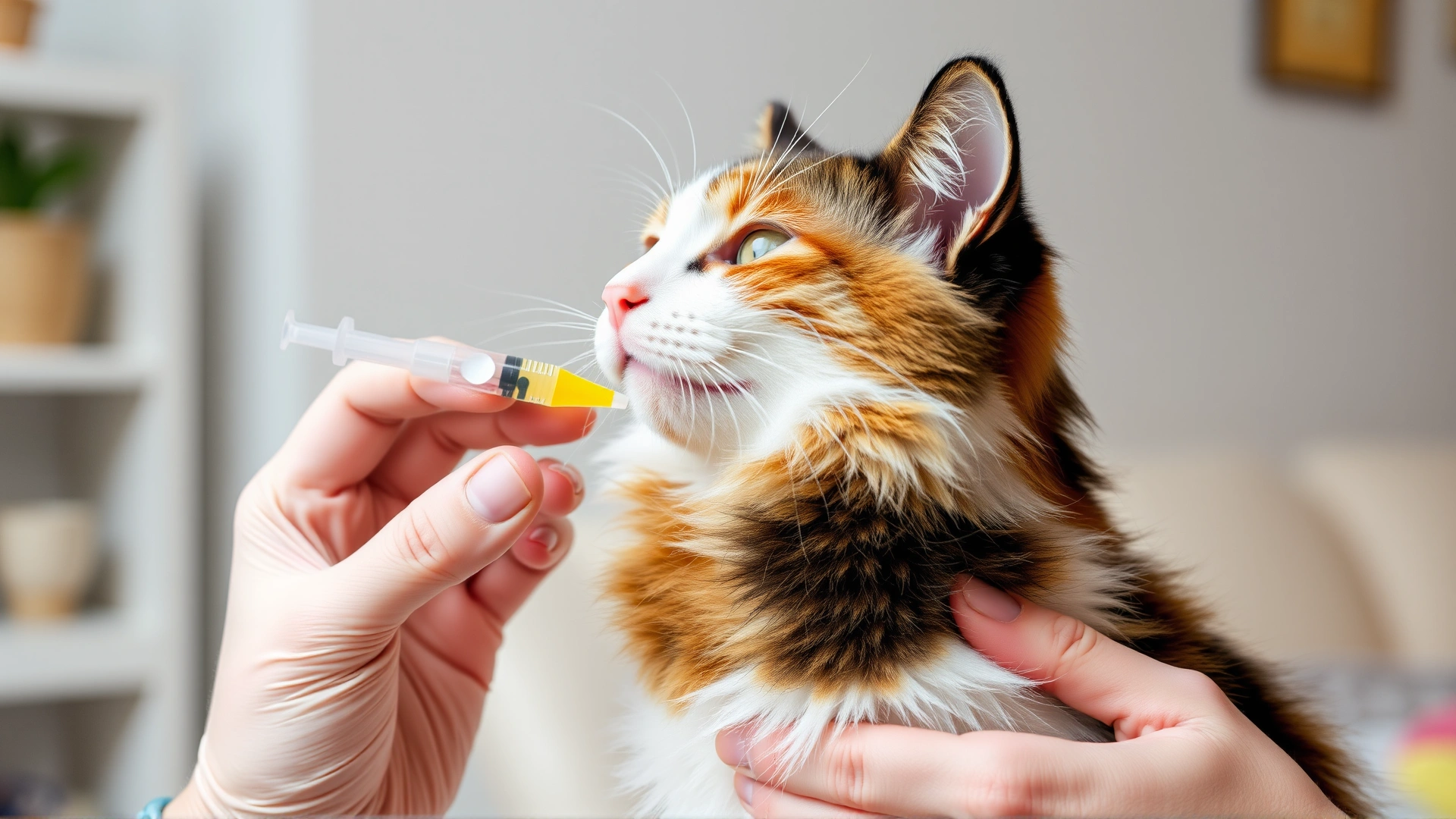 Photo of a cat owner administering liquid medicine with an oral syringe to a calico cat at home