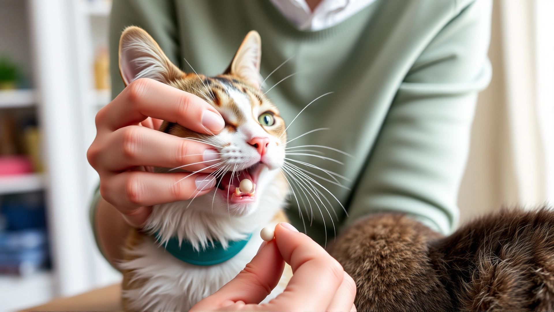Cat owner giving an oral pill to a cooperative cat at home using a pill pocket.