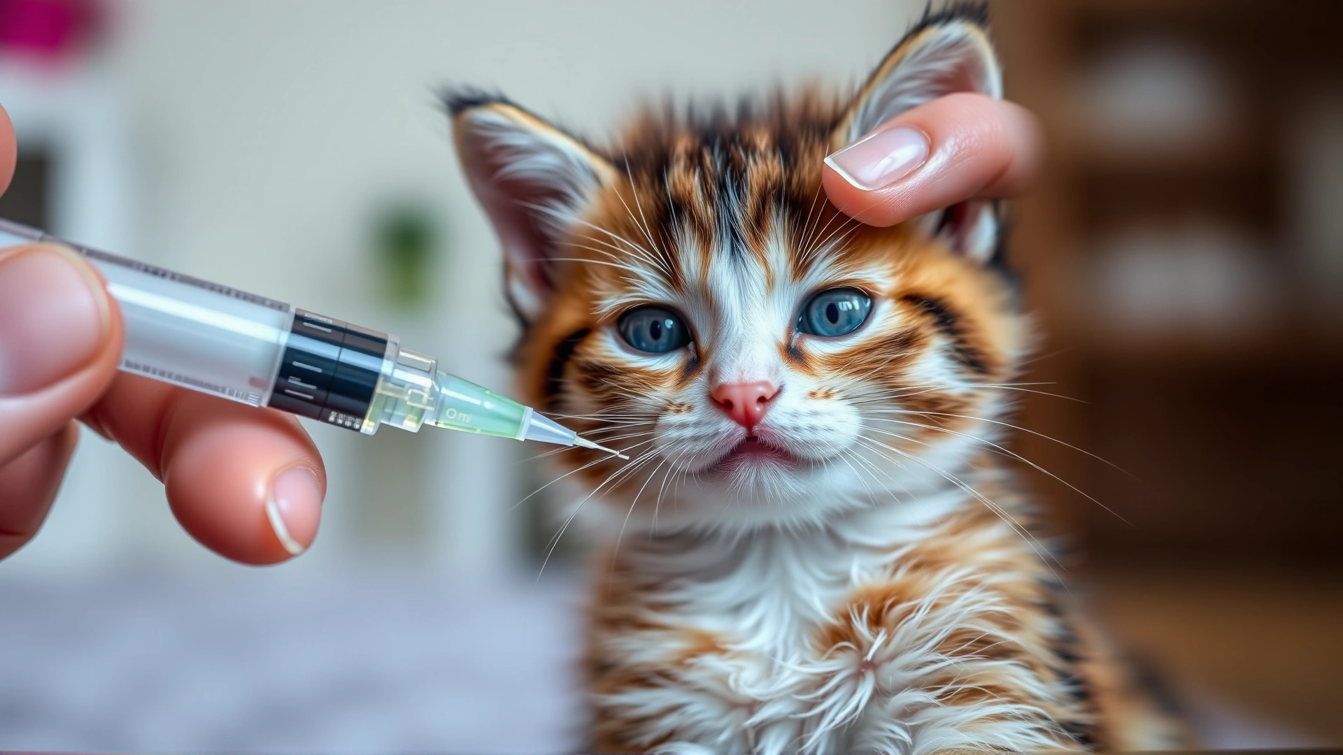 Close-up of human hand giving oral liquid medication to a calm kitten using a syringe, cozy home backdrop.