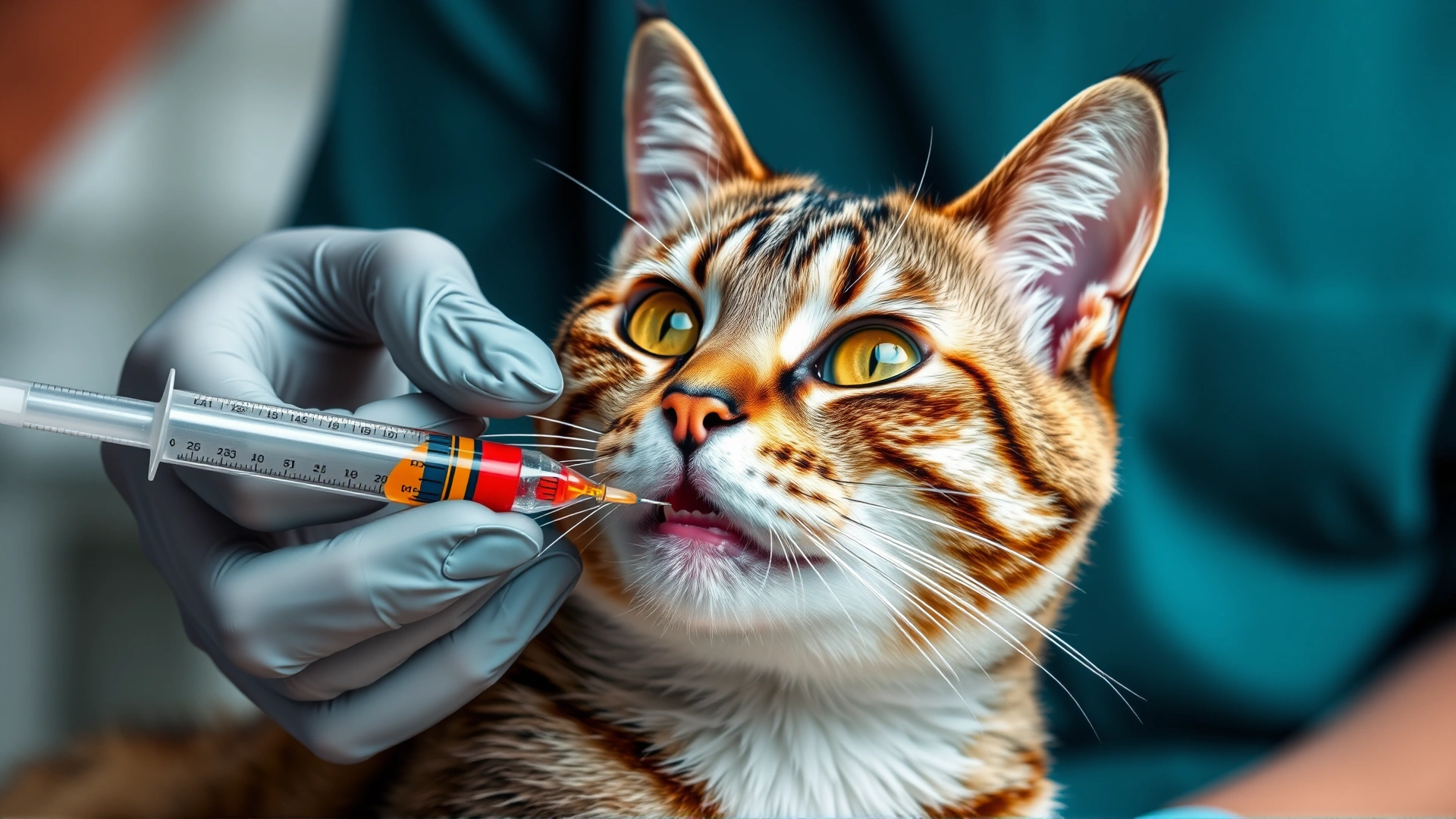 Cat being administered oral medication by a veterinarian using a syringe