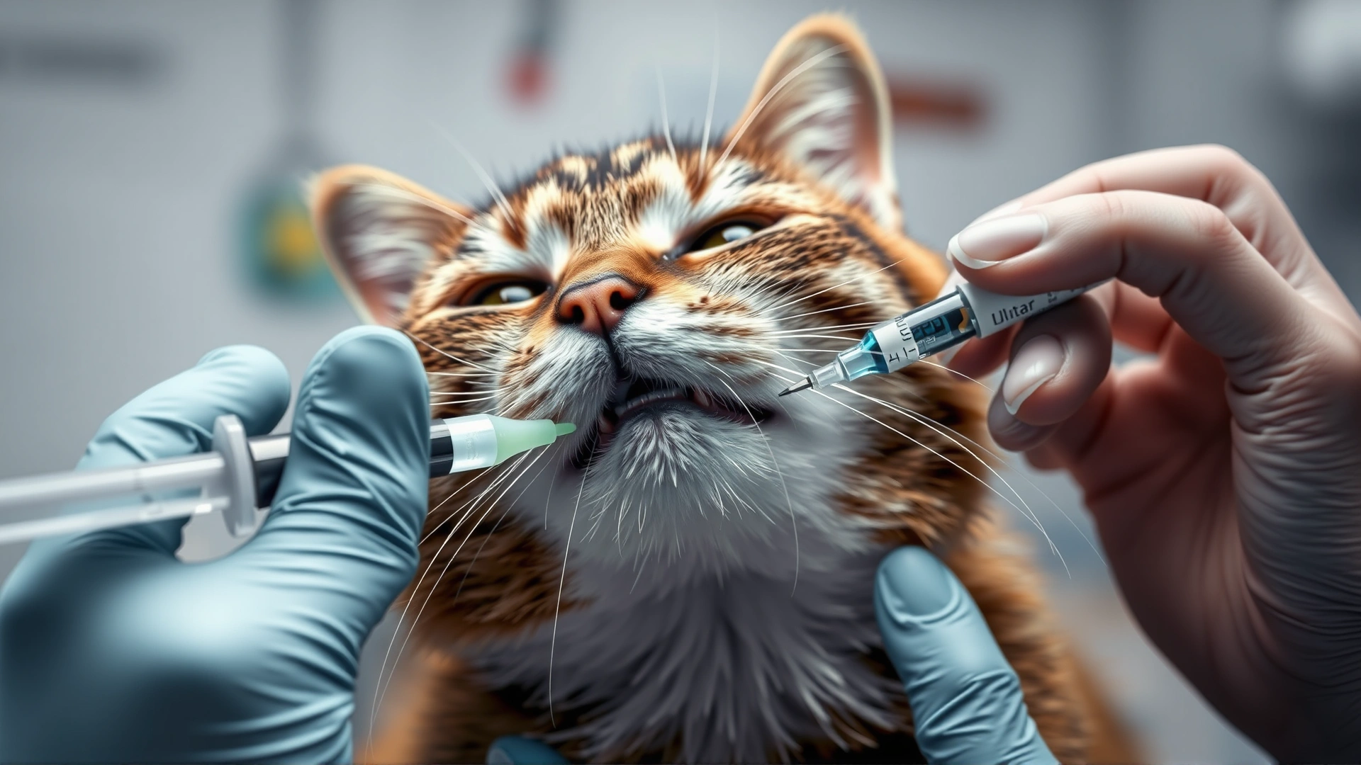 Close-up of a veterinarian carefully administering liquid medicine into a calm cat's mouth using a dosing syringe, clinic background blurred.
