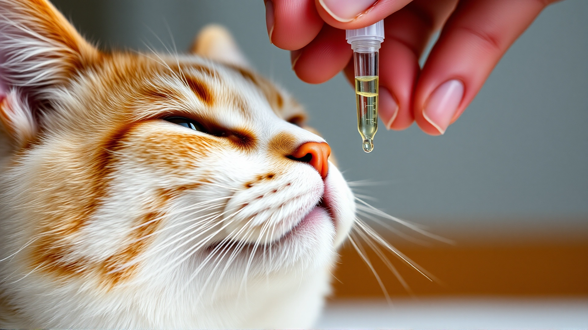 Close-up of a human hand giving liquid medication with dropper to a calm cat