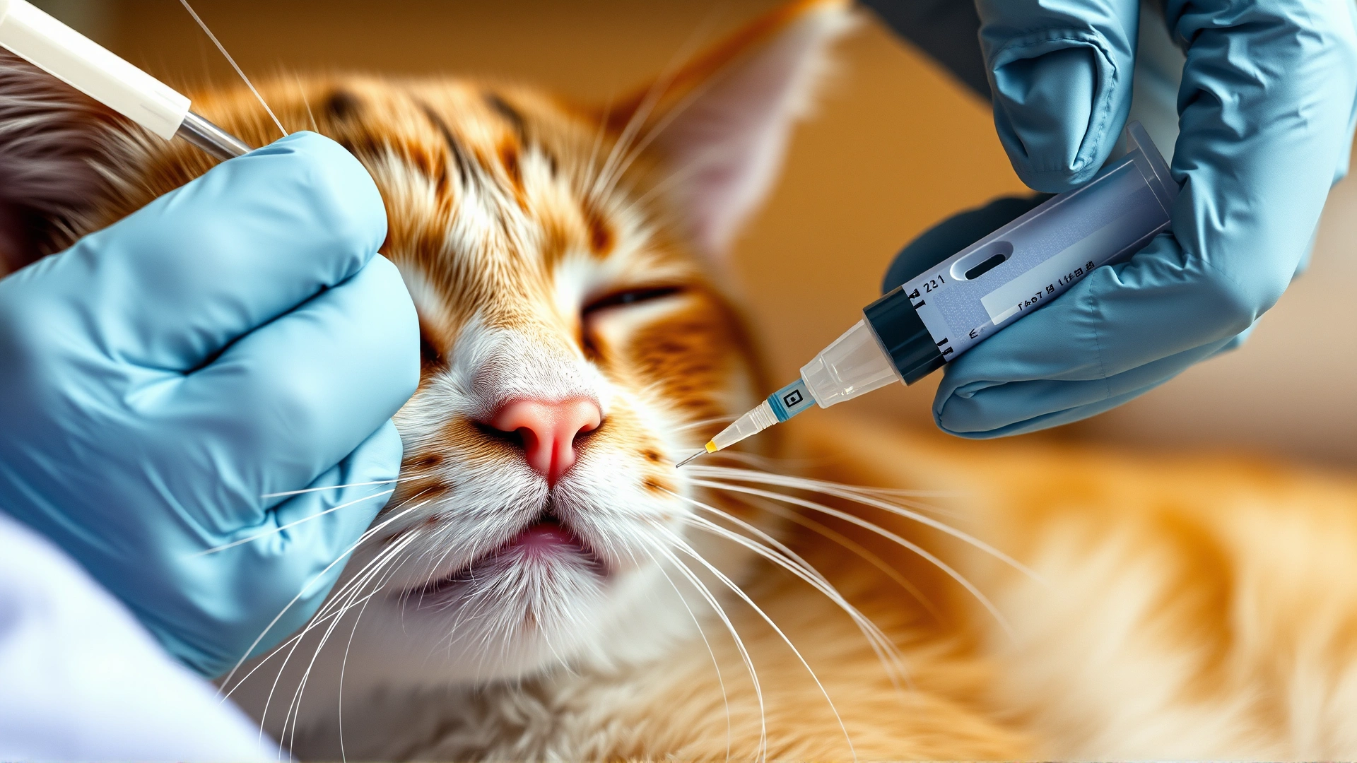 Close-up of a caregiver giving an oral liquid medication to a relaxed cat using a dosing syringe.
