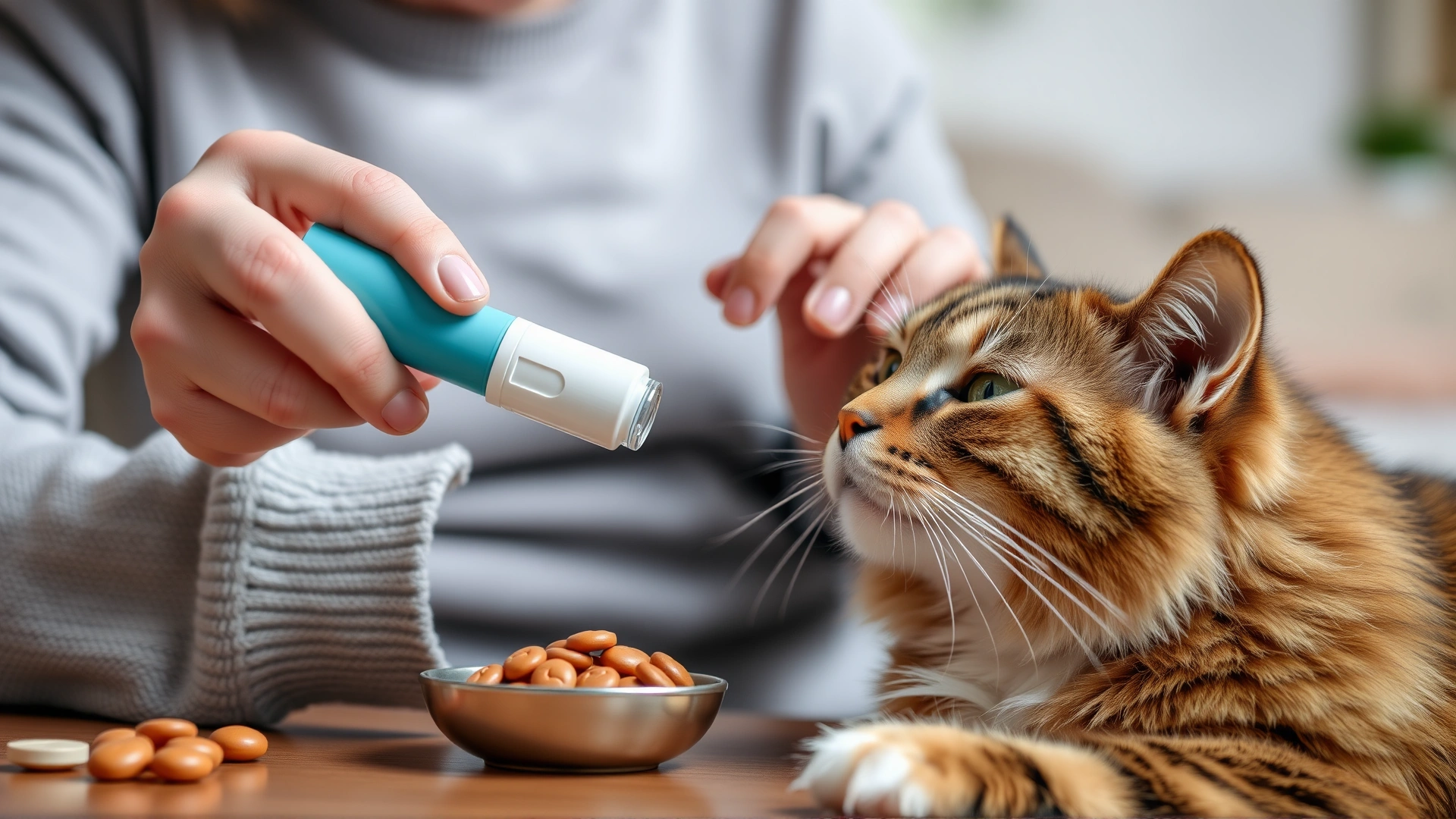 Cat owner administering an oral pill to a calm cat at home, using a pill popper and treats nearby.