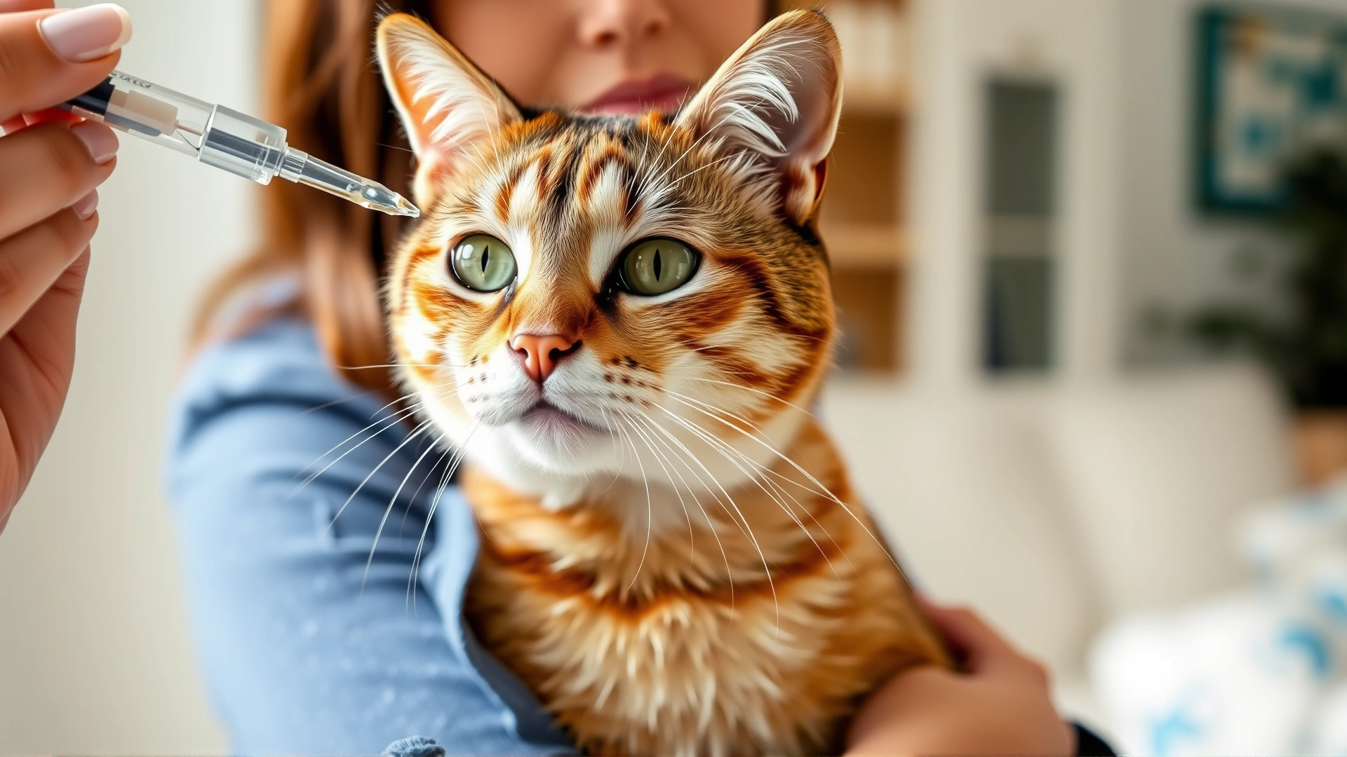 Domestic cat receiving liquid medication from a dropper, owner holding cat calmly at home, bright interior.