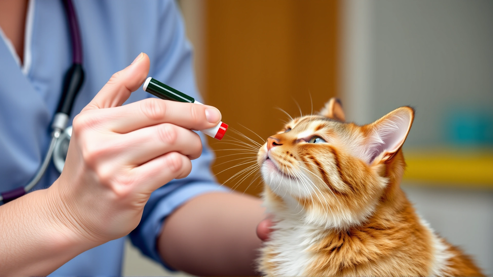 Cat owner giving a pill to a cooperative cat using a pill shooter, demonstrating post-diagnosis care.