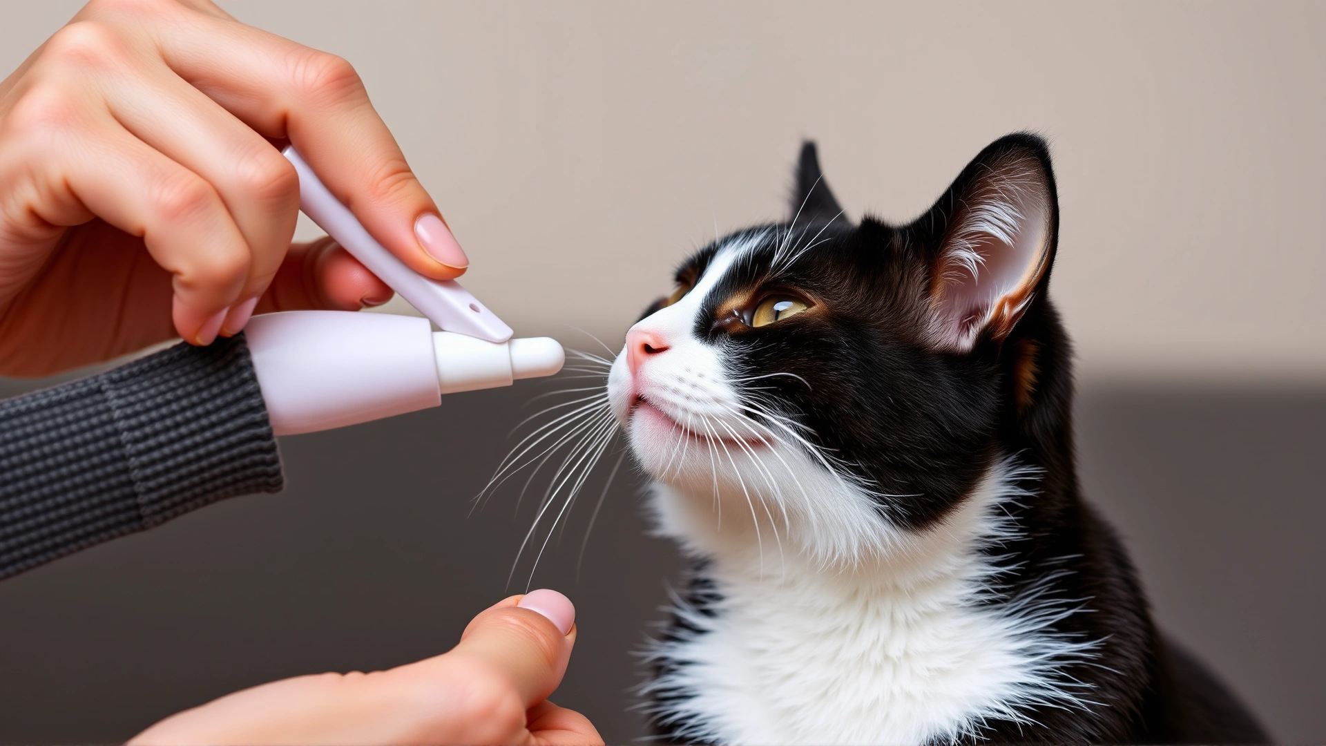 Owner giving a small pill to a relaxed black-and-white cat using a pill popper, illustrating oral medication