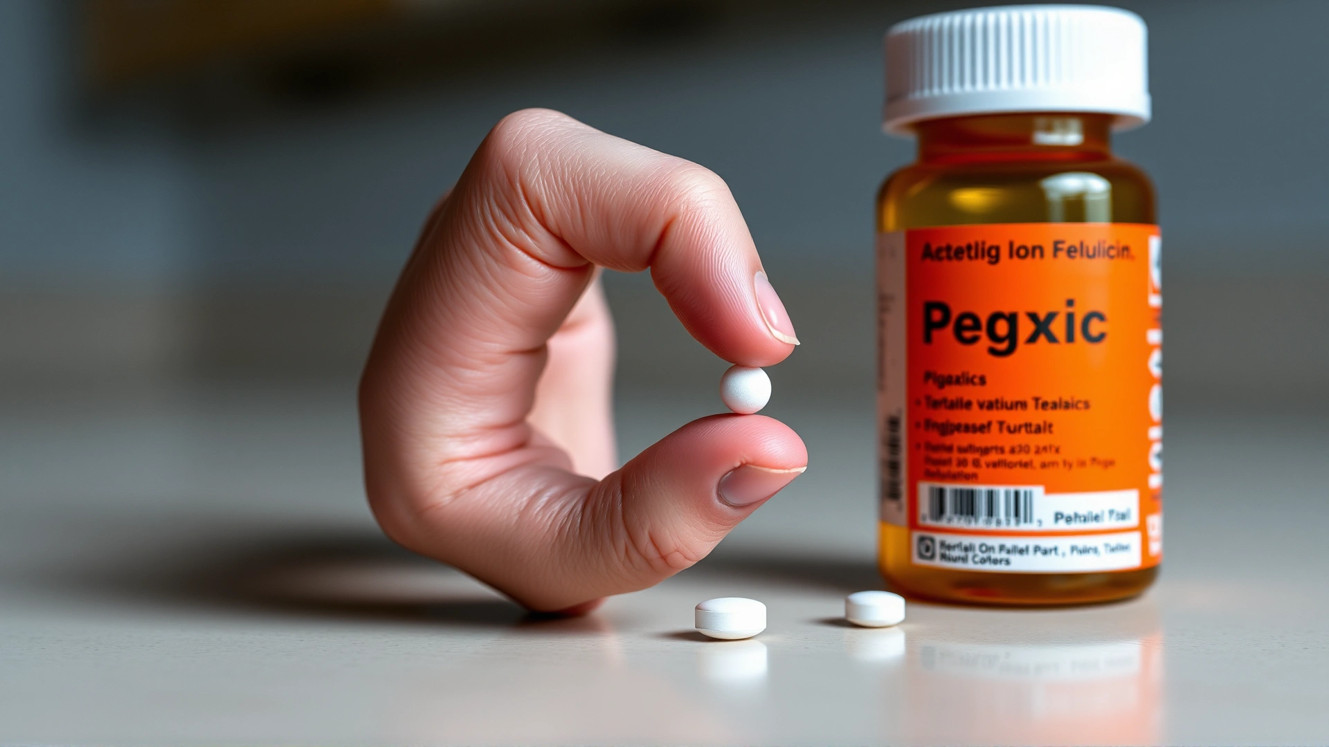 Hand holding a single small digoxin pill next to a feline-labeled prescription bottle on a neutral countertop, shallow depth of field.