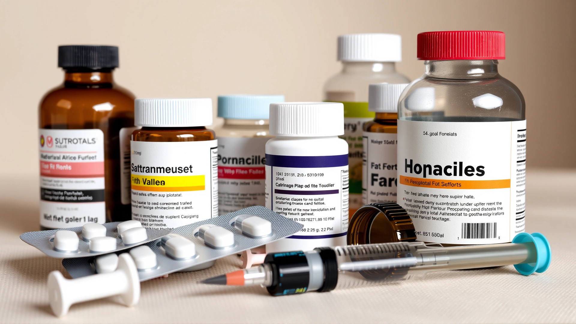 Tabletop shot of various feline medications including small pill bottles, blister packs, and an oral syringe, soft neutral background.