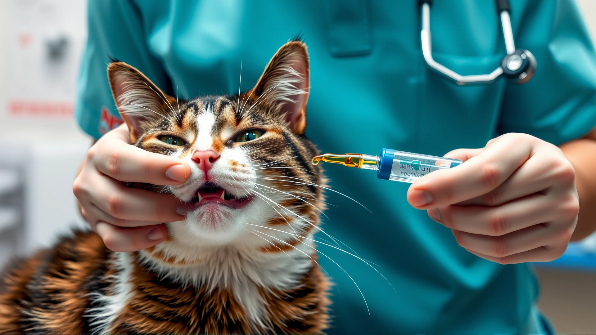 Veterinarian administering oral liquid medication to a cooperative cat with a dropper, clinic background, no text.