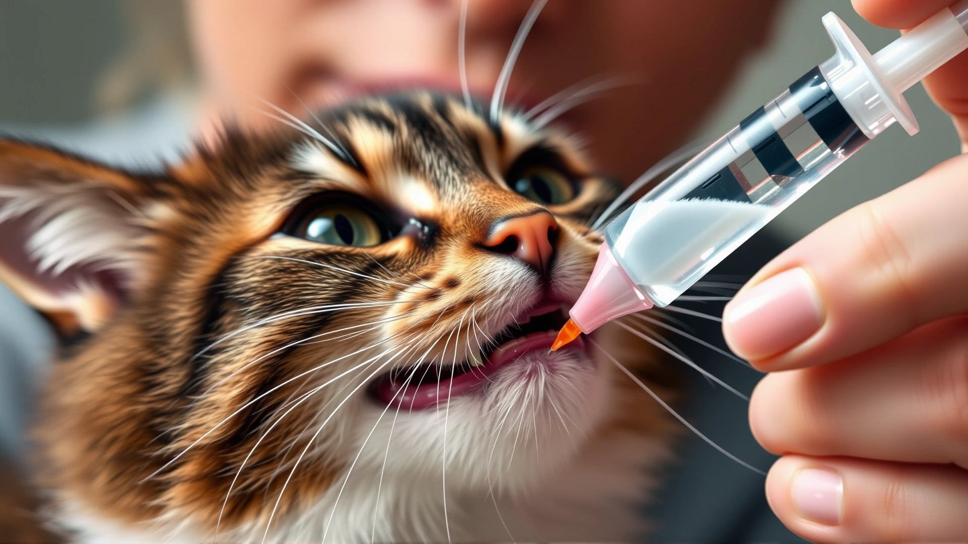Close-up of a pet owner administering liquid medicine to a cooperative cat using a syringe without needle; focus on the cat’s mouth and the syringe; no text.