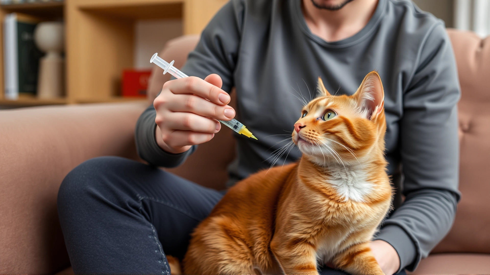 Owner using a plastic syringe to give liquid medicine to a ginger cat sitting on a sofa