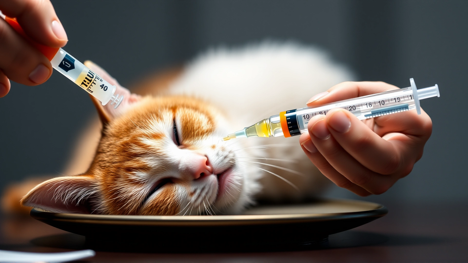 Human hand gently giving flavored liquid medicine through an oral syringe to a calm cat on a table, close-up, no text