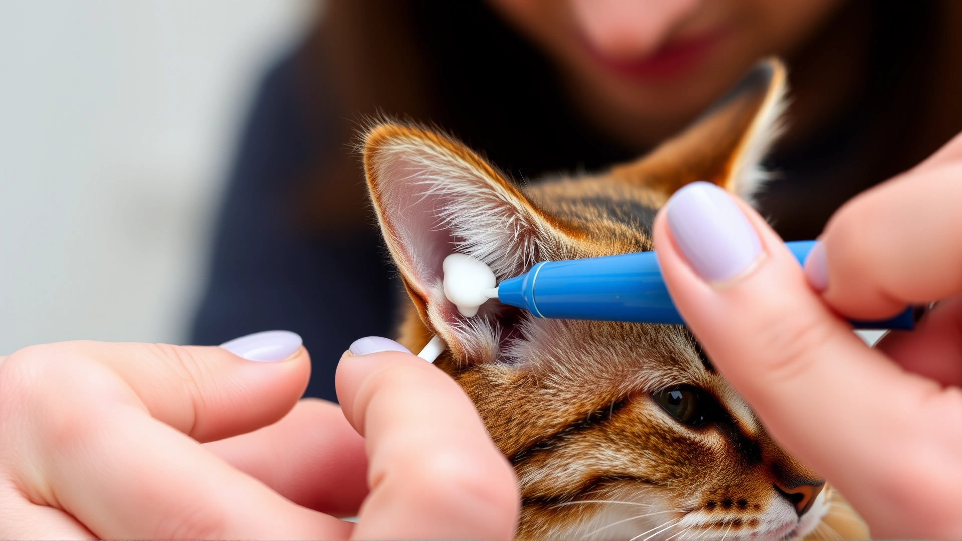 Owner applying transdermal ointment to the inside of a cat's ear, close-up view