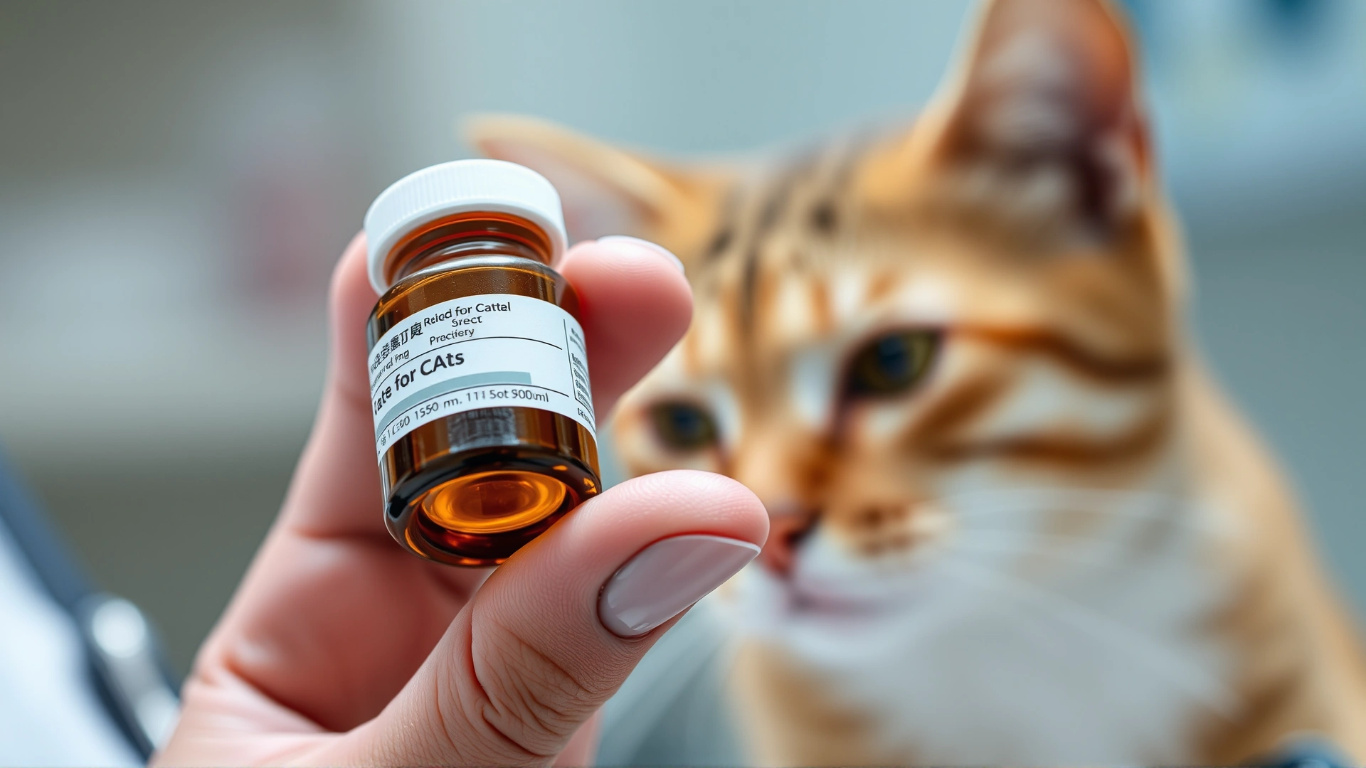 Close-up of a veterinarian's hand holding a small amber prescription bottle labeled for cats (label out of focus and unreadable), cat's face blurred in the background, clinical setting