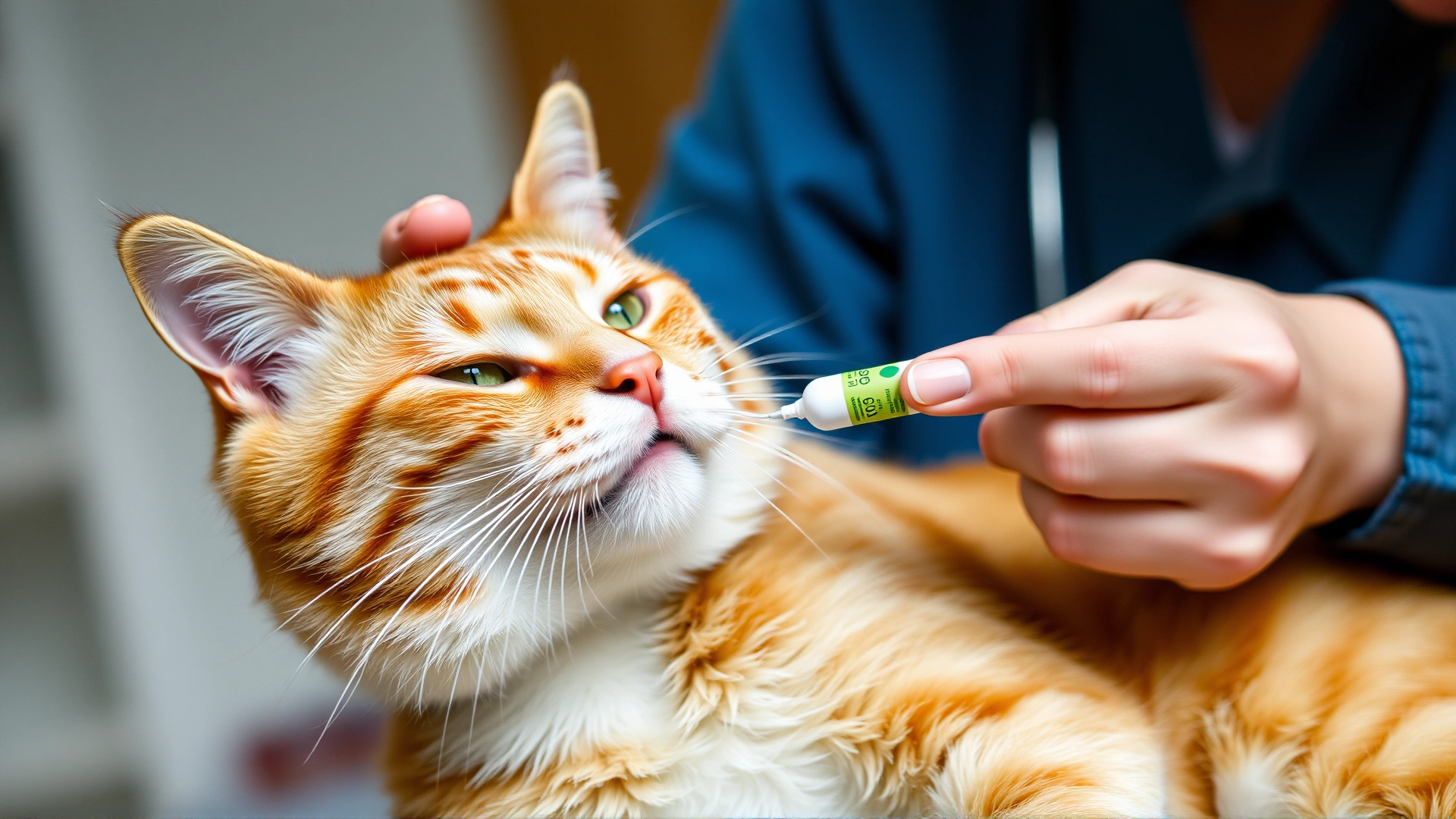 Cat owner administering oral medication to a calm cat at home, demonstrating treatment process, clear and friendly atmosphere