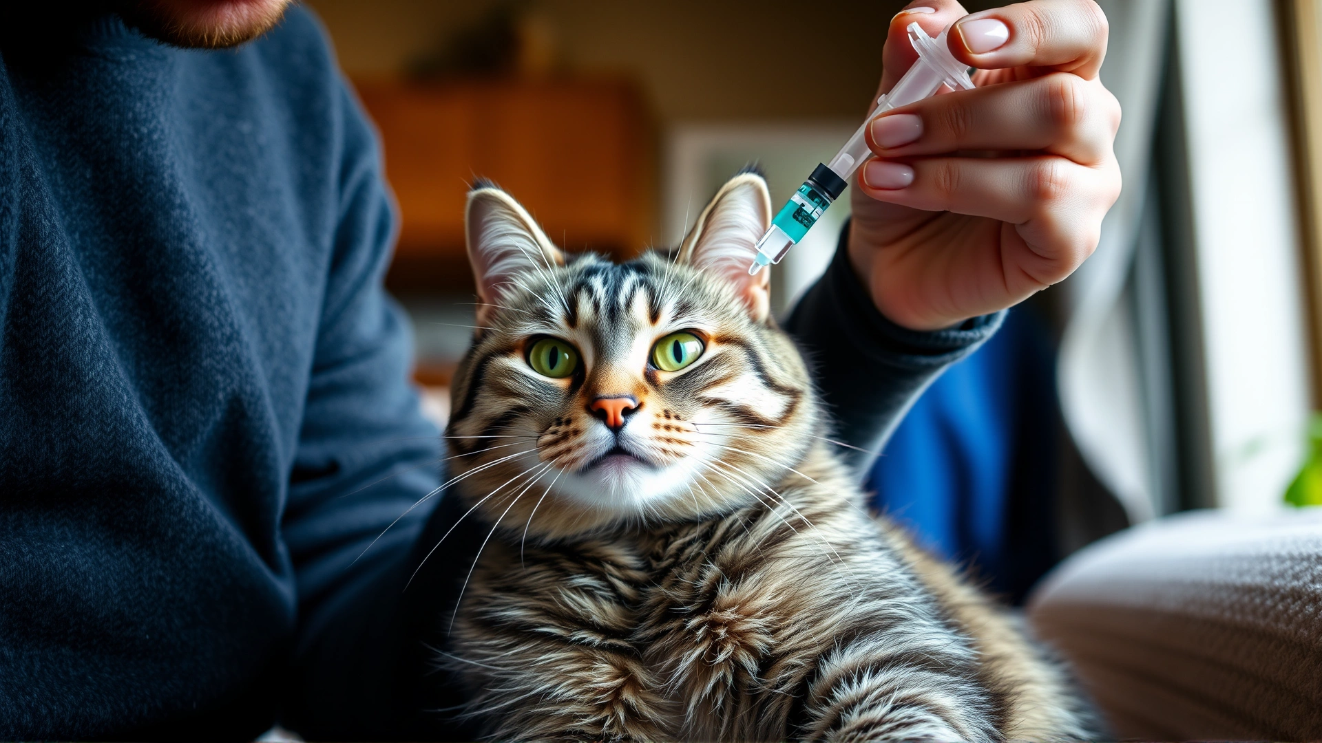 Owner giving liquid medicine to a gray tabby cat using a syringe dropper, cozy home environment, soft daylight