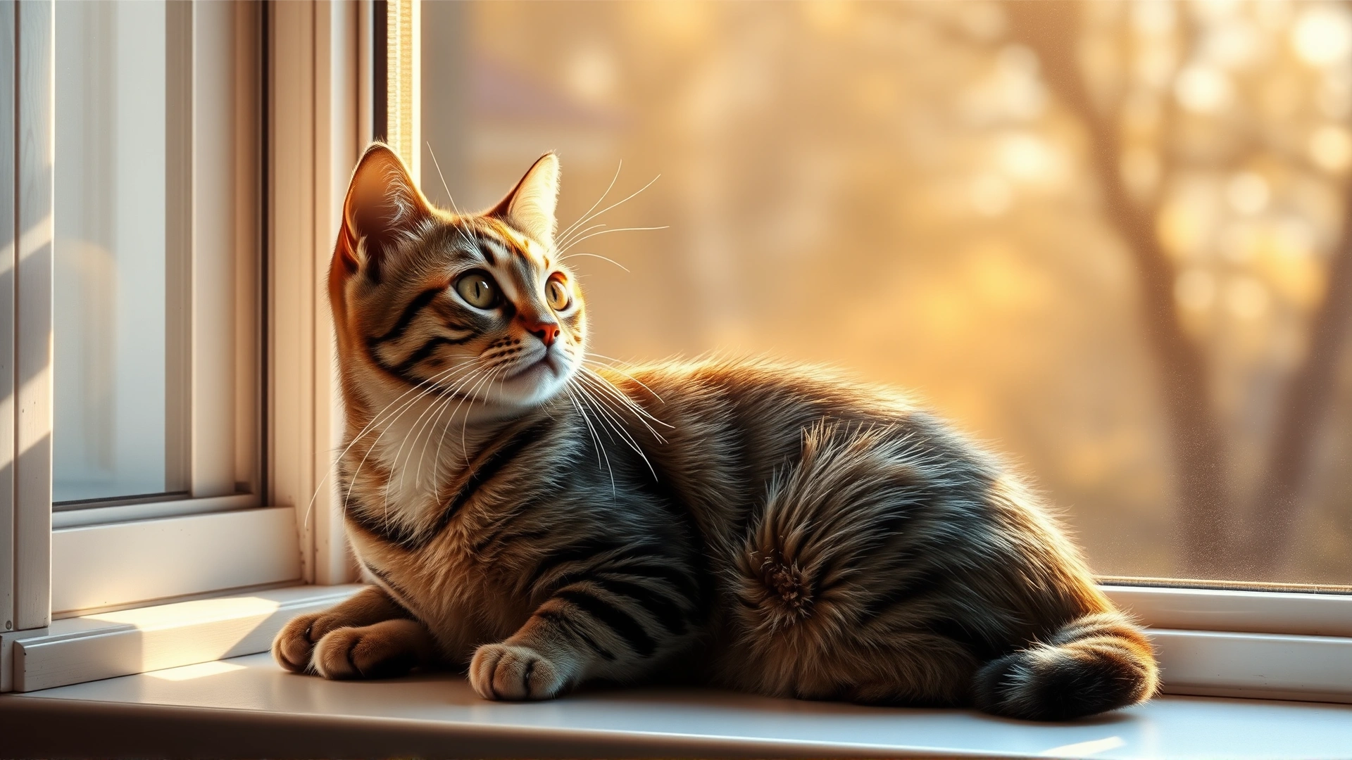 Illustrative photo of a tabby cat sitting on a windowsill looking outside with thoughtful eyes, warm morning light streaming in, representing feline memory and contemplation.