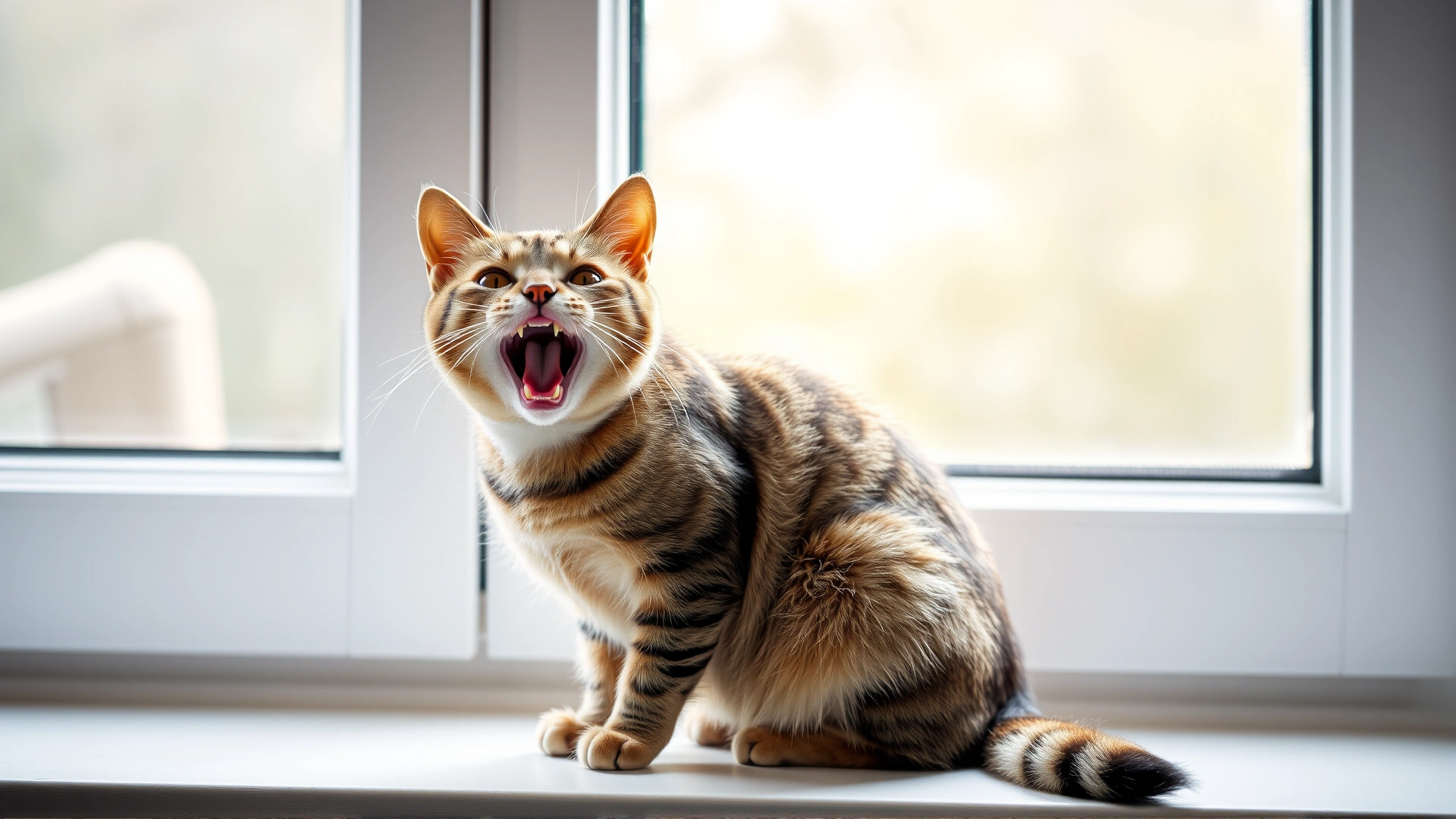 Domestic short-haired cat sitting on a window sill, mouth open mid-meow with soft afternoon backlight, no text
