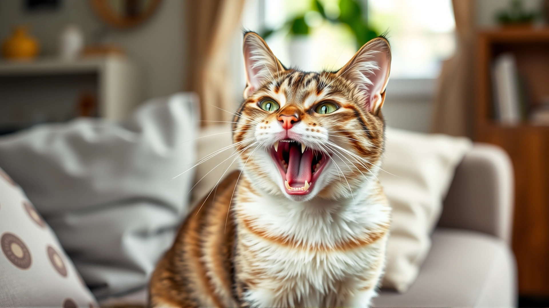 Domestic short-haired cat sitting on a couch, mouth open as it meows, cozy living room setting, natural lighting.