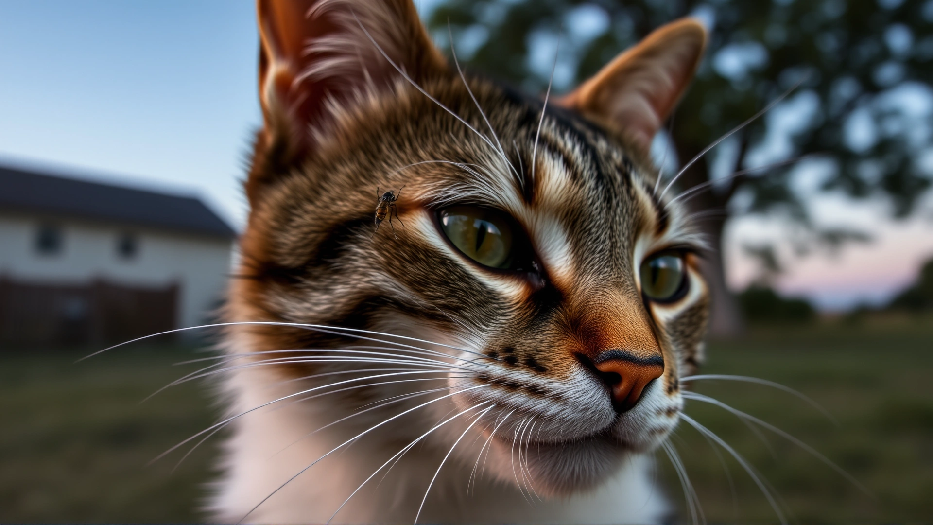 Close-up photograph of a tabby cat outdoors at dusk with a hovering mosquito near its ear, captured in soft natural light