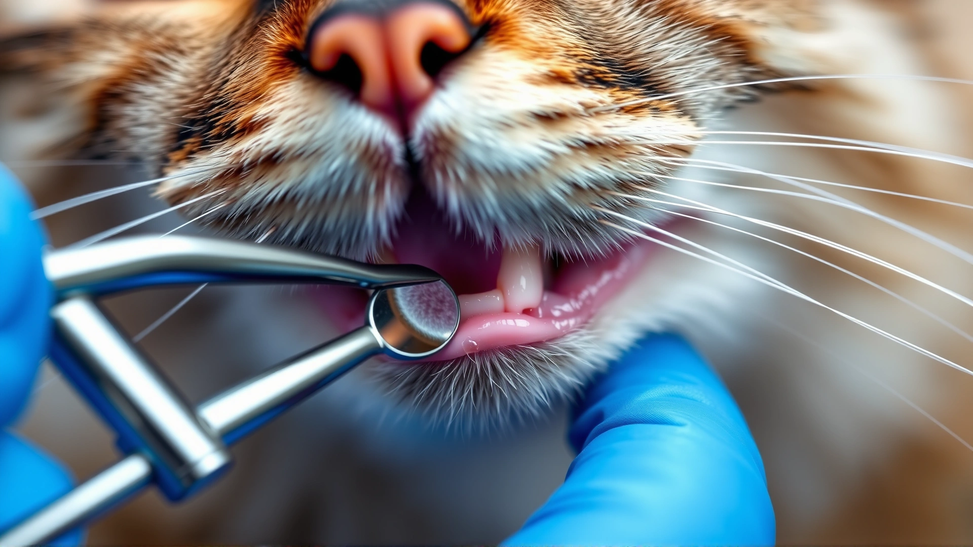 Macro photograph of a veterinarian lifting a cat's upper lip to inspect gum tissue, focus on pink gums and small dental mirror