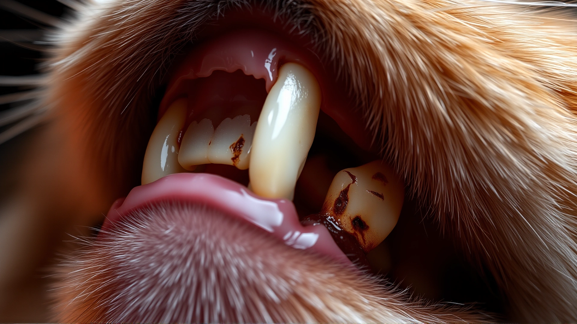 Extreme close-up of a cat's upper canine and incisors showing visible enamel defects such as pits and discoloration, against a dark background, high detail