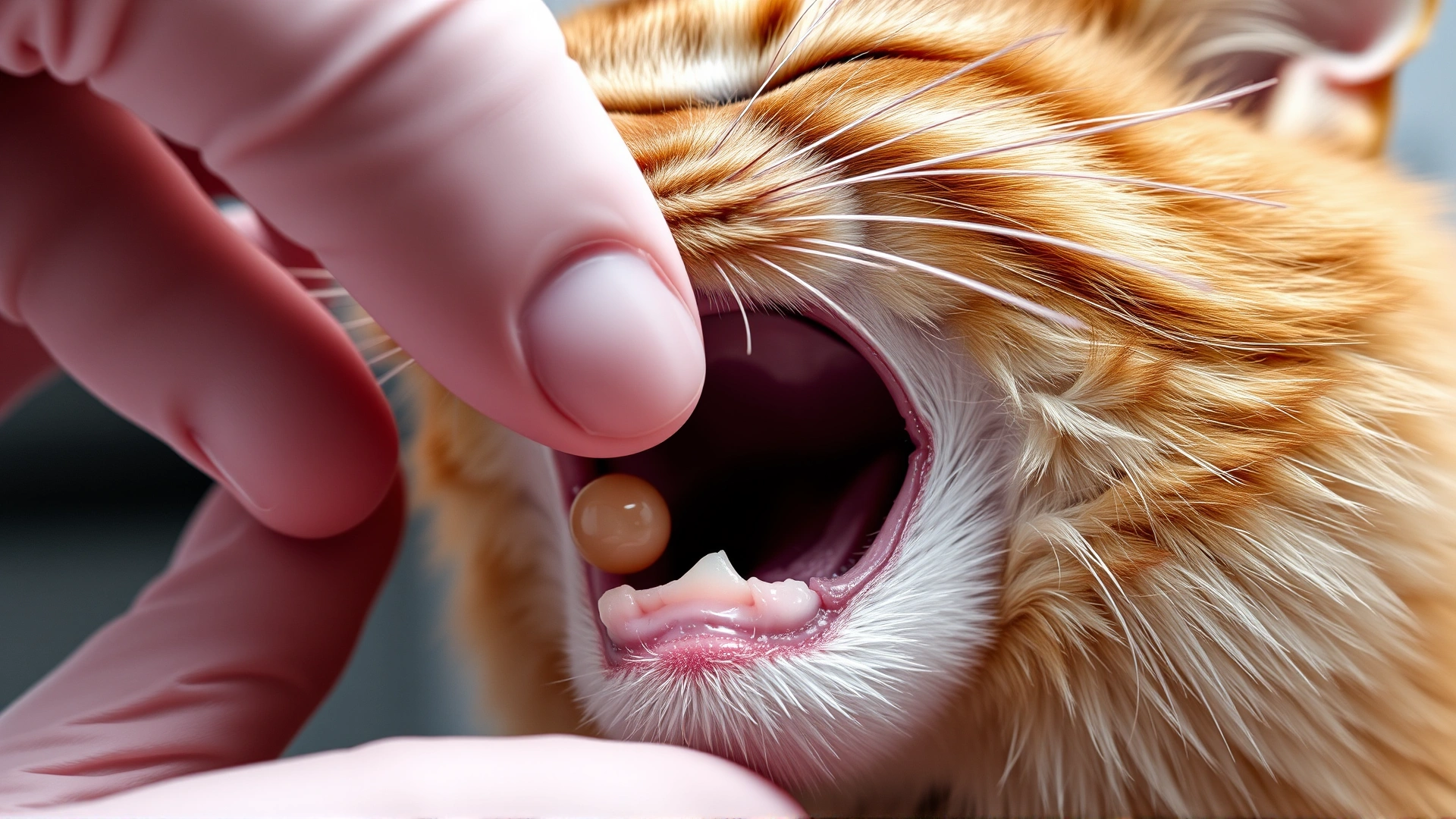 Macro shot of a veterinarian gently opening a cat’s mouth to reveal a small mass on the gum, emphasis on oral cavity, clinical setting, high resolution.
