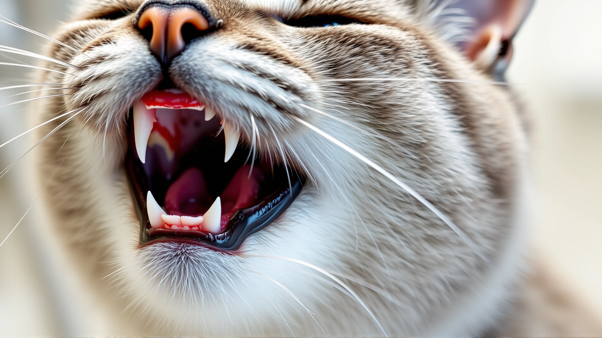 Macro photo of a gray domestic cat with mouth wide open, highlighting red and inflamed gums, indoor veterinary lighting, no text