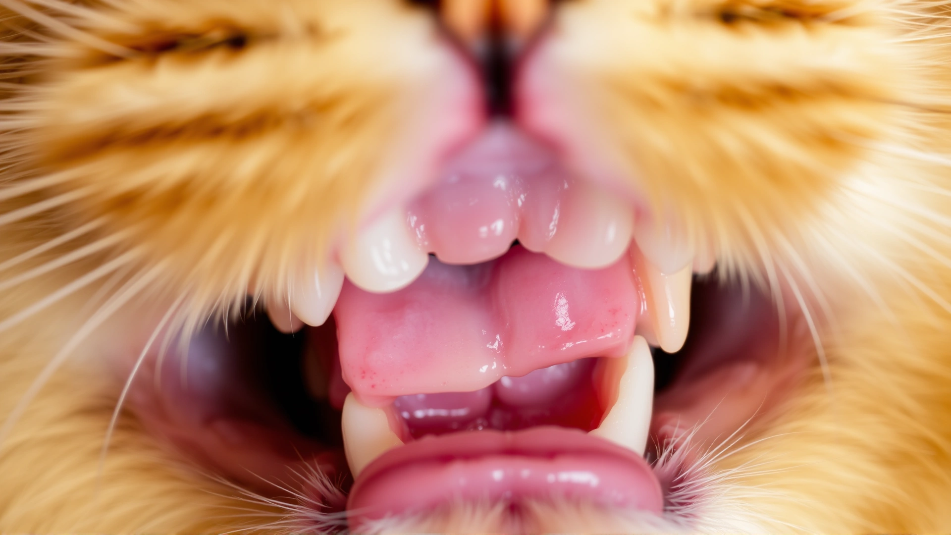 Macro photograph of a cat’s mouth highlighting the gum line and teeth, showing contrasting healthy and slightly red areas for visual comparison.