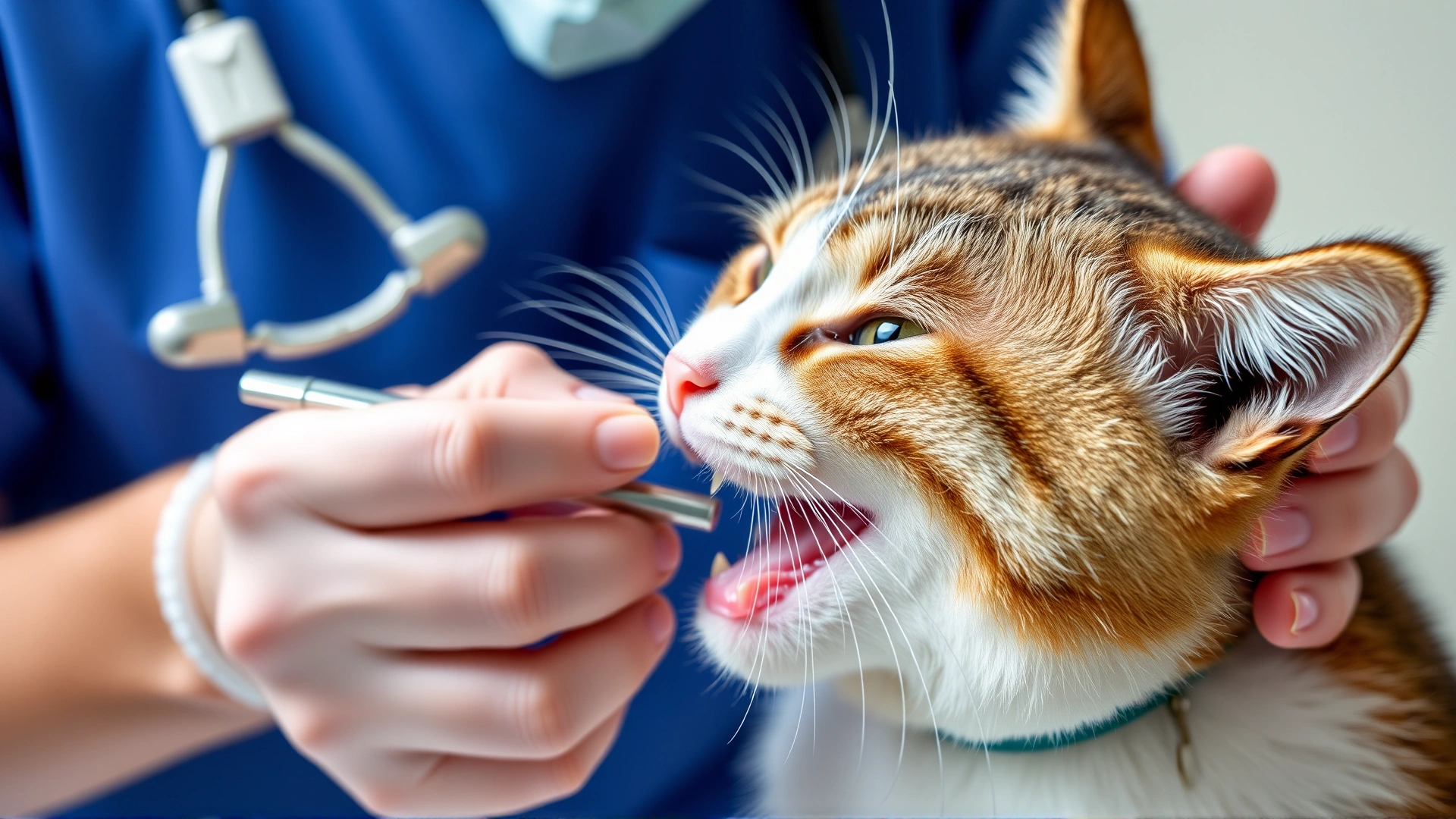 Veterinarian lifting a cat's lip to examine the teeth and tongue during a routine oral check-up, clinical background with soft lighting.