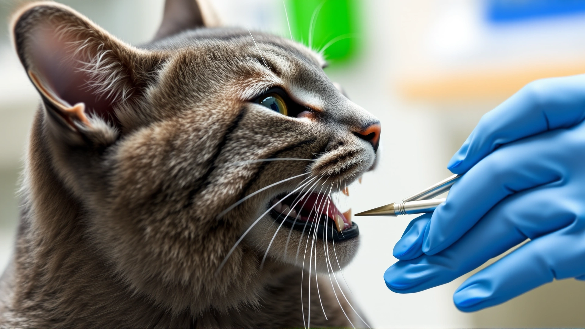 Profile view of a grey domestic short-hair cat having its teeth gently inspected by a veterinarian wearing blue gloves.