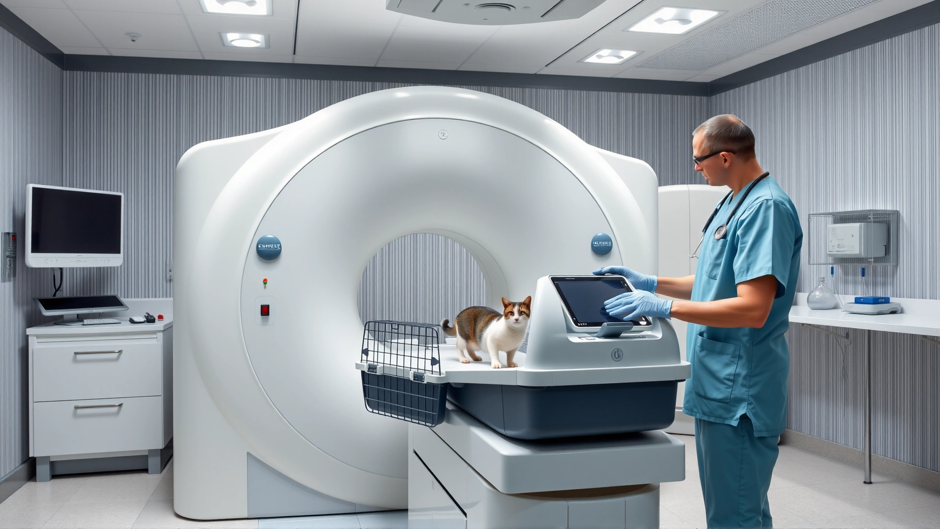 MRI scanner room with a veterinary technician preparing a cat in a carrier for imaging, clean clinical environment, no text