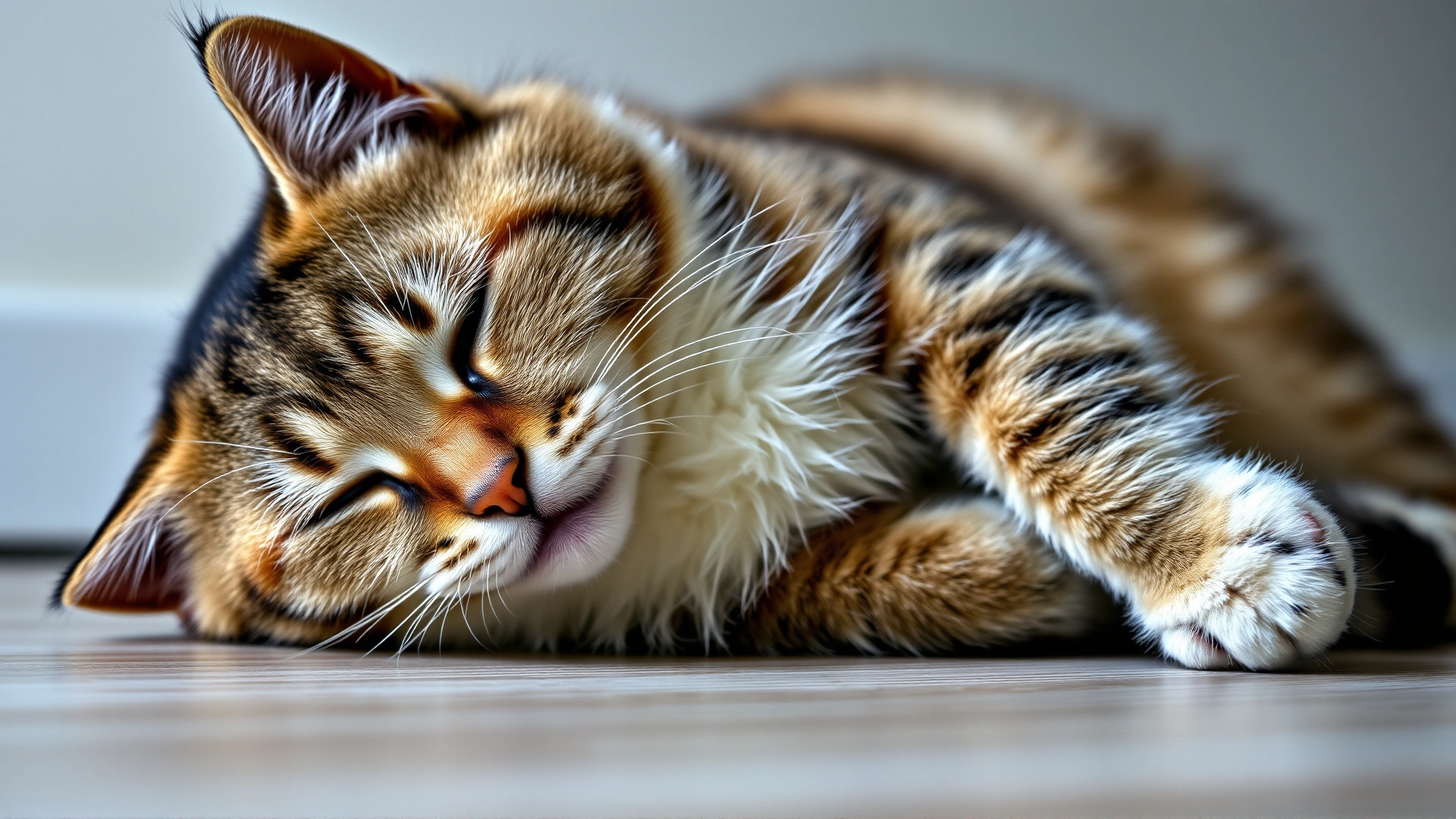 Domestic shorthair cat lying on its side looking fatigued, showing subtle muscle weakness.