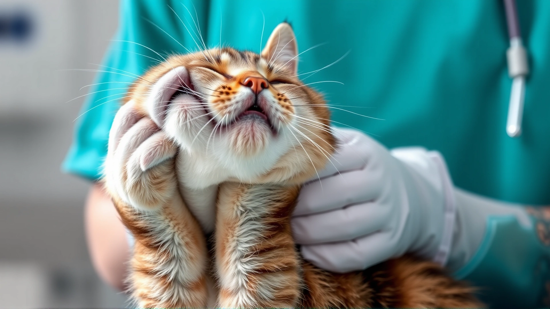 Cat struggling to lift its head, slight ventroflexion of the neck, photographed at eye level, clear focus on posture, veterinary context, no text