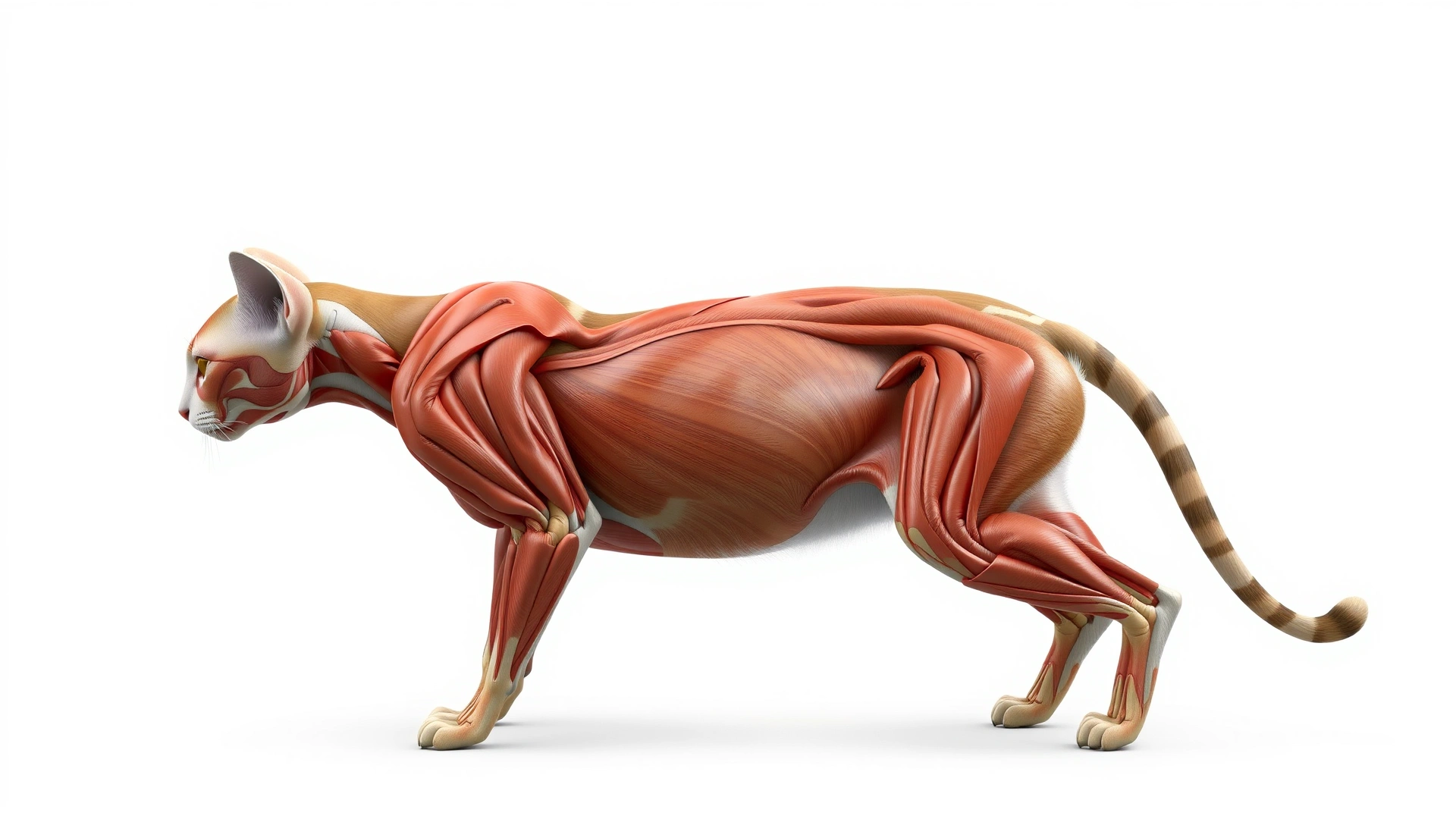 Detailed 3D illustration of a cat’s body highlighting the muscular system without labels or text, white background, soft realistic shading