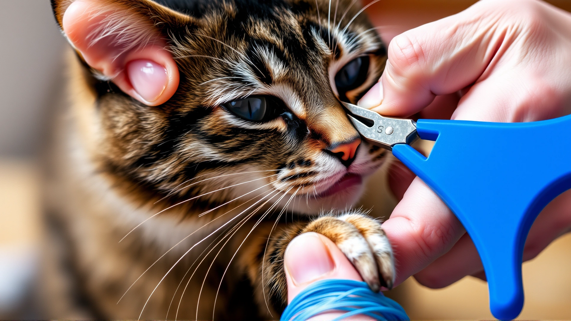Close-up of a person gently trimming a cat’s rear claw with pet nail clippers, cat looks calm.