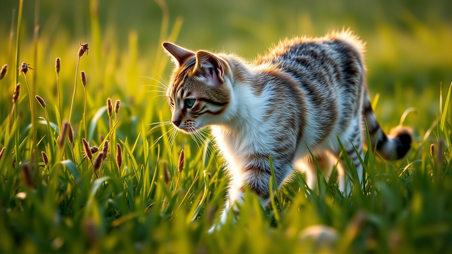 Domestic short-haired cat walking through tall green grass outdoors during golden hour, soft sunlight highlighting fur, suggestive of natural tick habitat