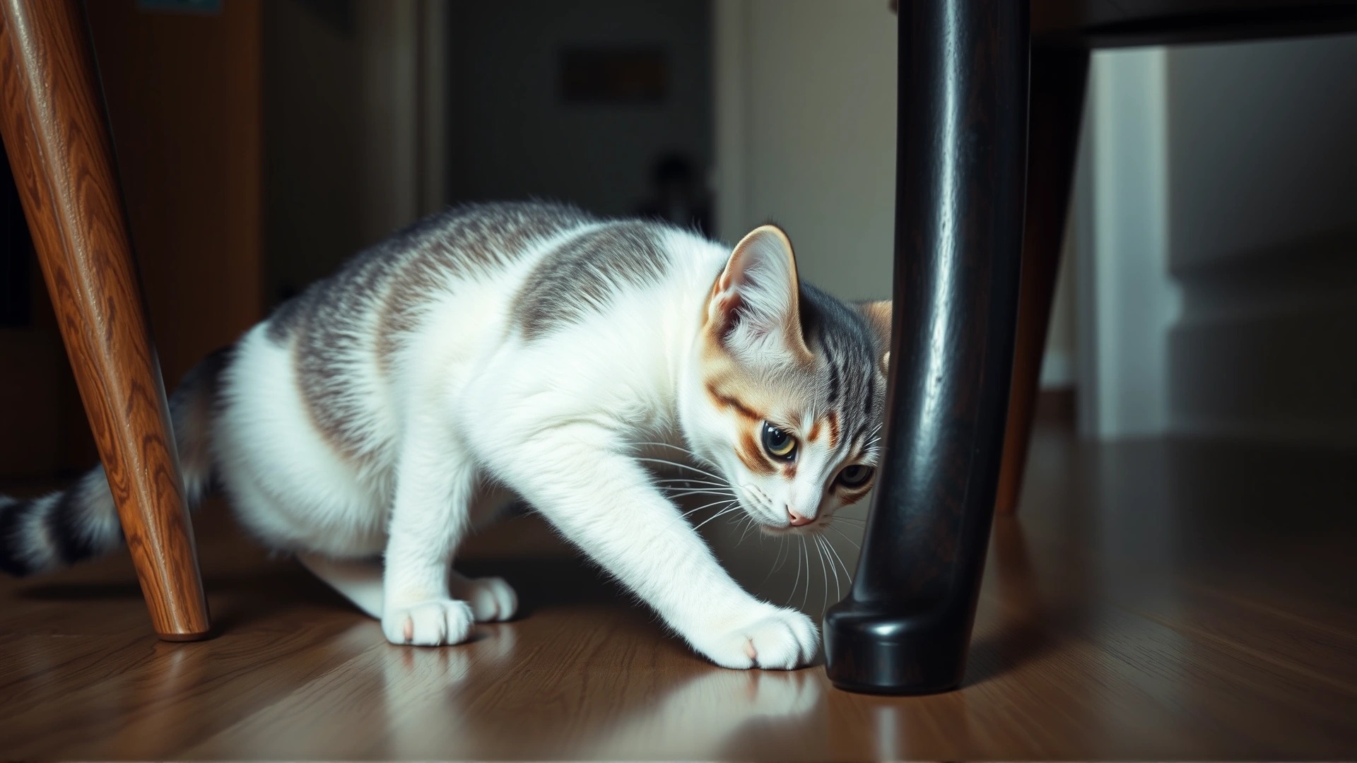 A white and gray cat gently bumping its nose against a chair leg while exploring a familiar room, illustrating subtle signs of vision loss.