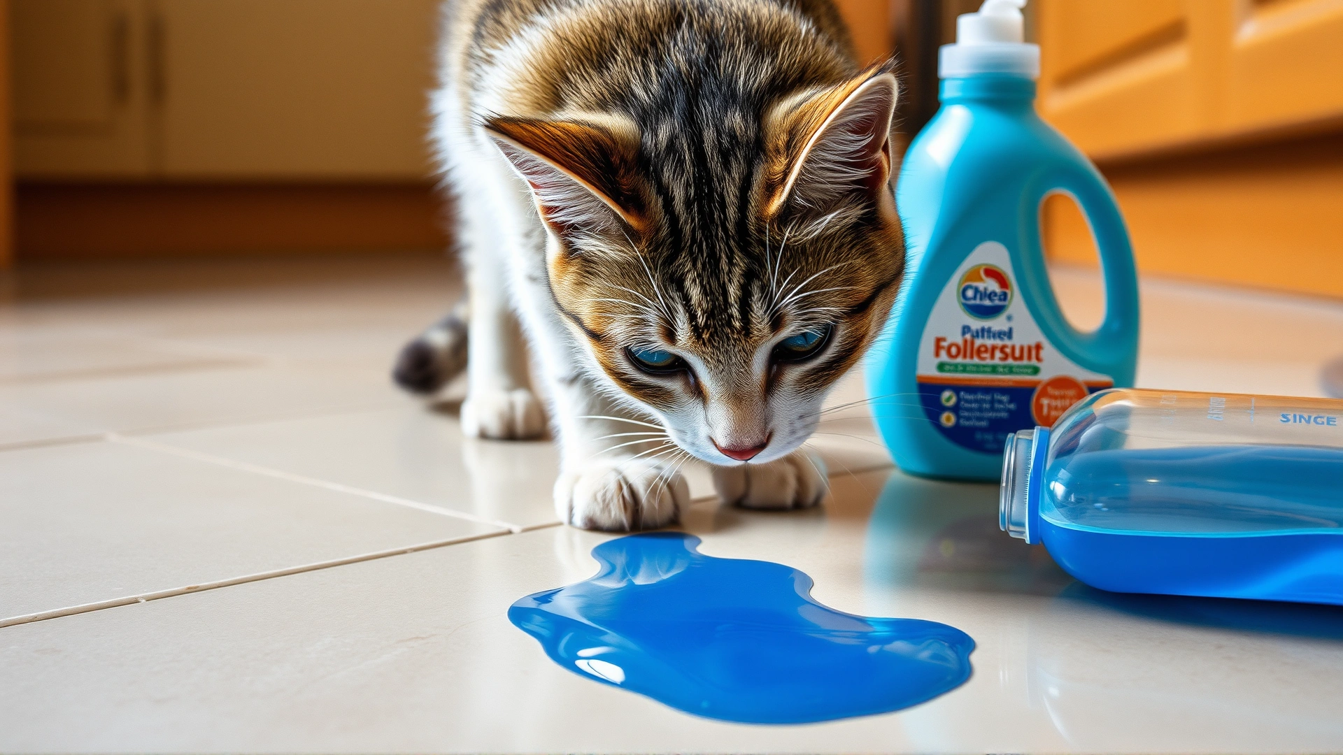 Domestic short hair cat sniffing a puddle of spilled blue liquid detergent on tiled kitchen floor, emphasizing risk of accidental exposure