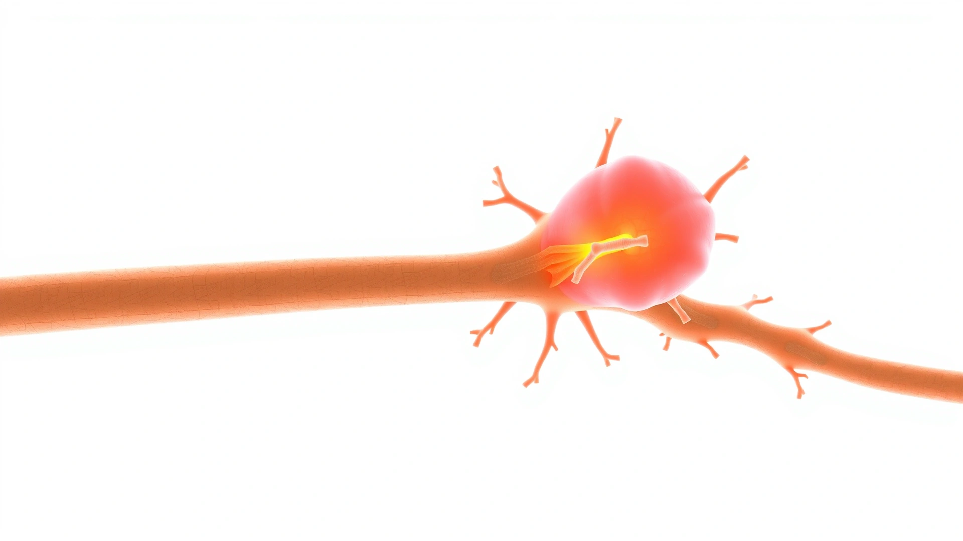 3D medical illustration of a cat peripheral nerve with Schwann cells forming the myelin sheath and a highlighted benign Schwannoma tumor bulging from the nerve; clean white background, high resolution.