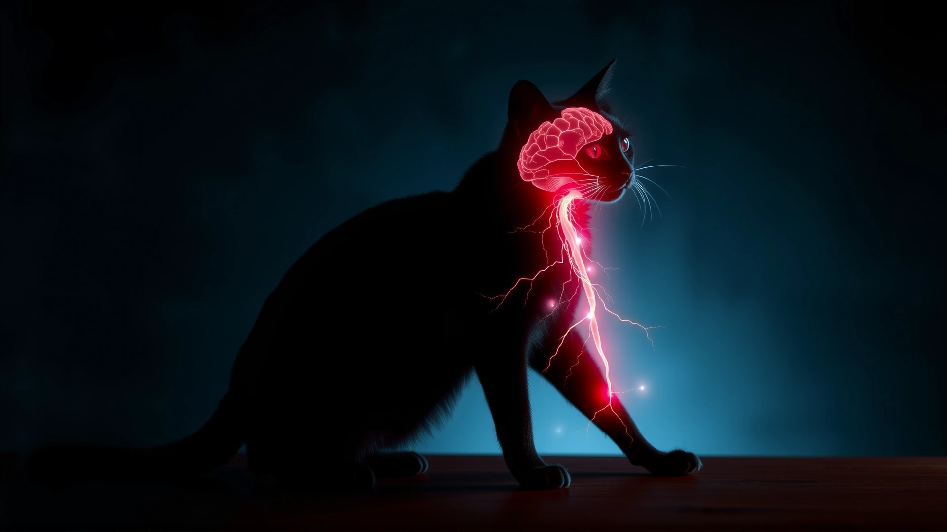 Artistic photo of a healthy cat silhouette with subtle glowing lines along the brain and spinal cord to illustrate the nervous system, dark blurred background, no text.