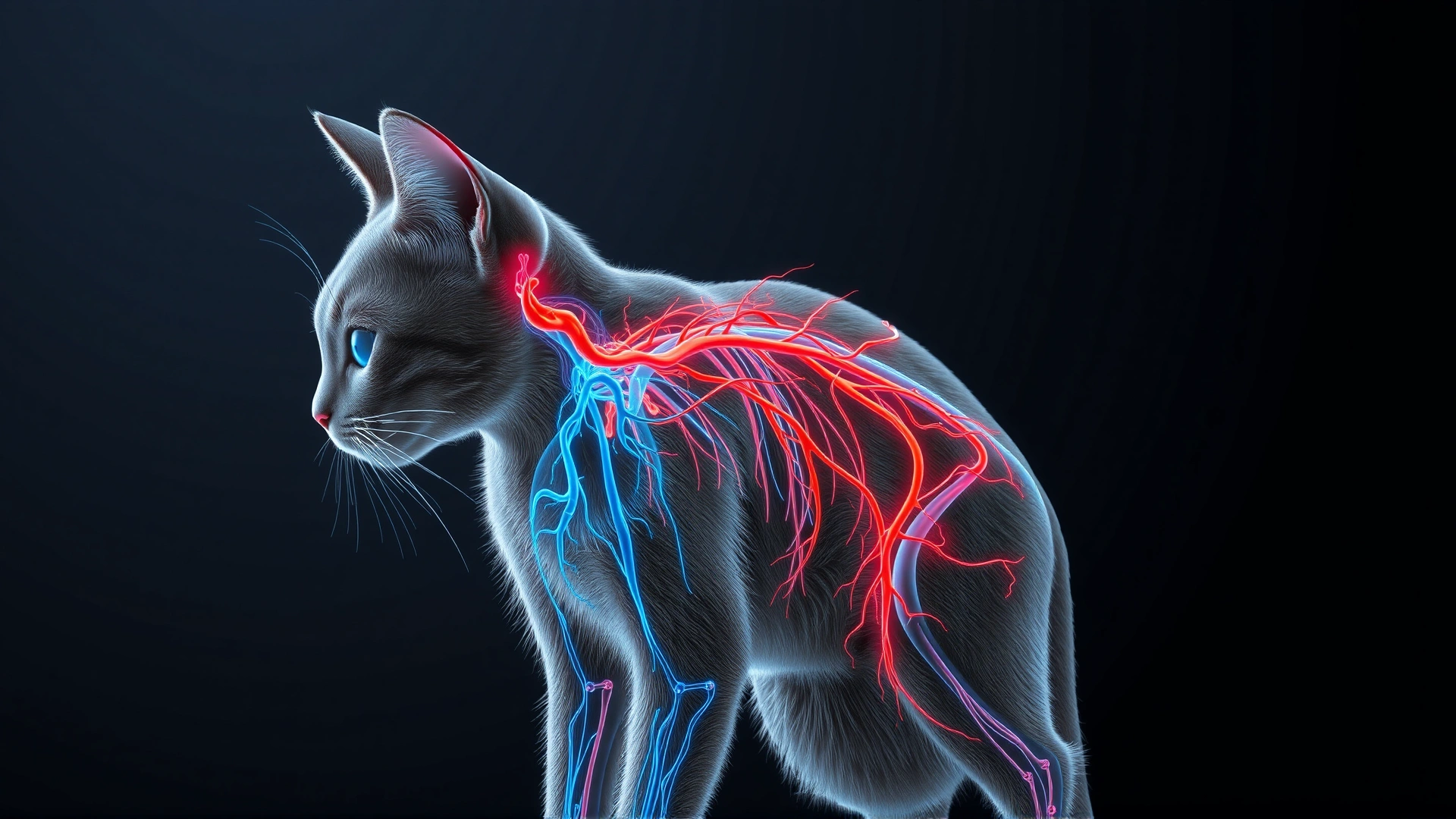 Stylized medical illustration showing the autonomic nervous system of a cat, highlighted in blue and red nerve pathways, neutral background.