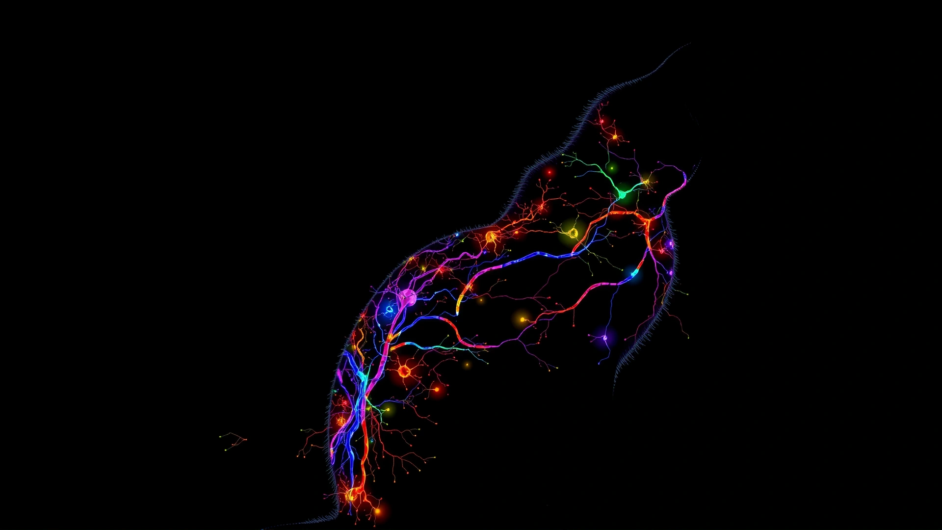Stylized illustration showing colorful neurons and axons superimposed on the silhouette of a sitting cat, dark background, scientific yet artistic look