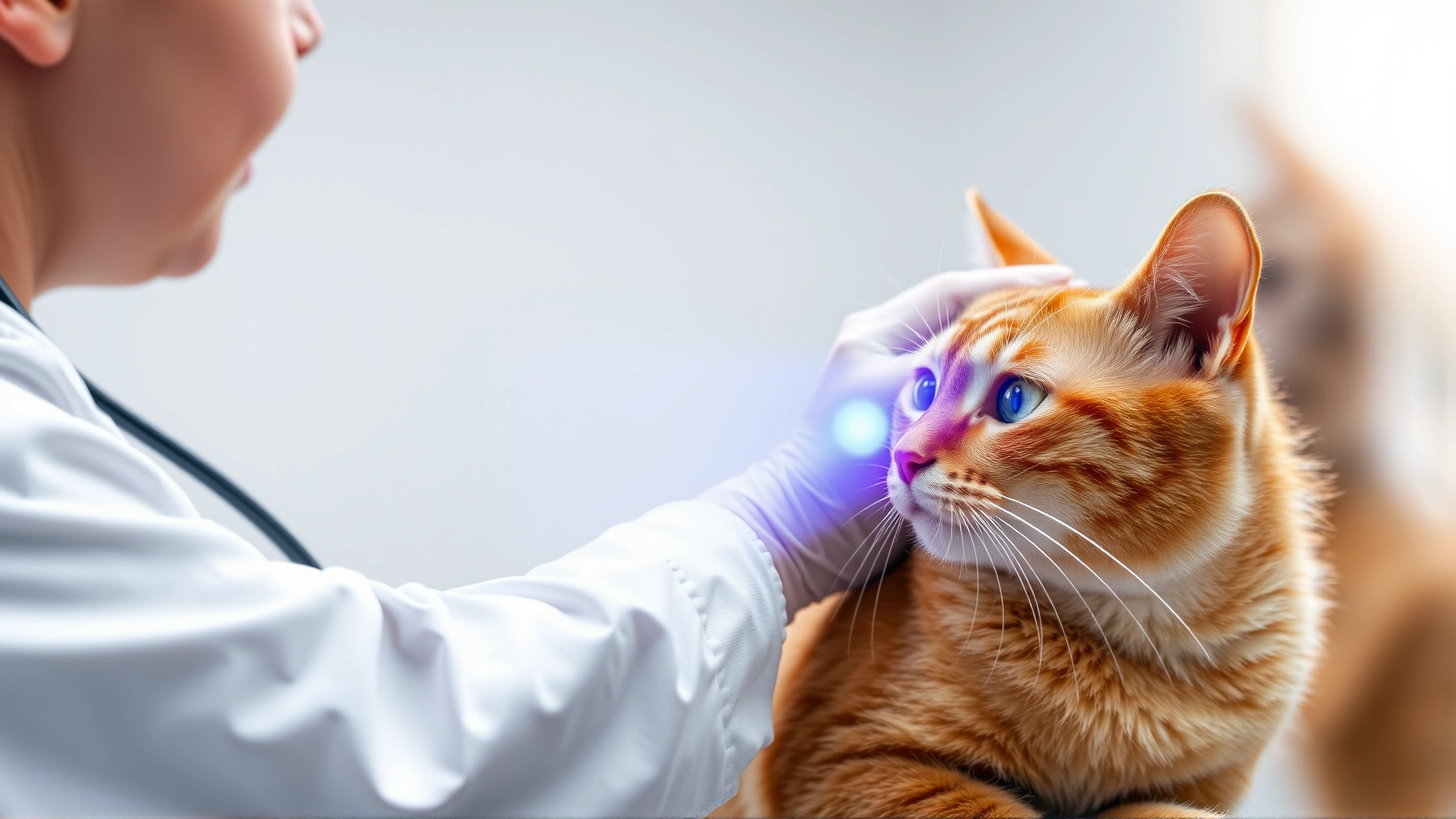 Veterinarian performing a neurological exam on a ginger cat, checking pupil response with a penlight in a clinical environment, clear focus, no text