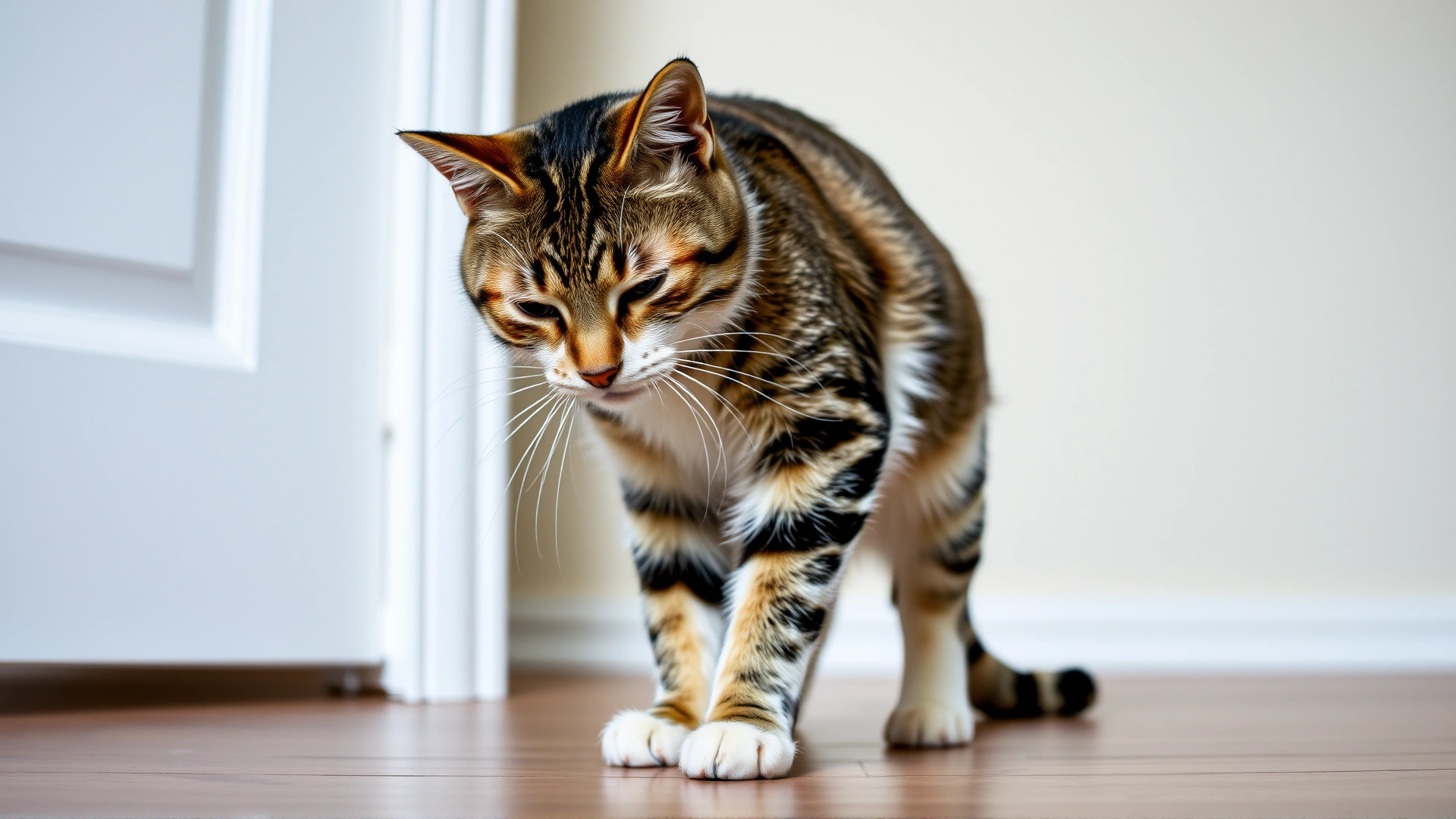 Indoor photo of a tabby cat displaying a slight head tilt and unsteady stance, illustrating neurological symptoms